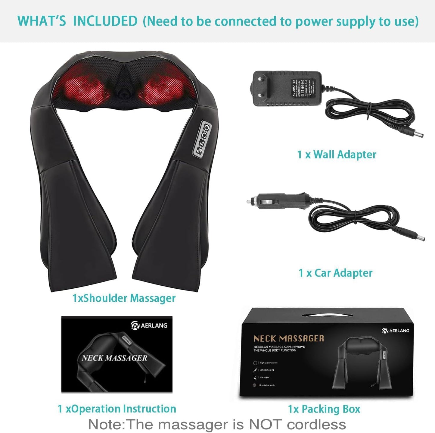 AERLANG Shiatsu massager with power adapter, wall adapter, car adapter, operation instruction, and packaging box on a white background.