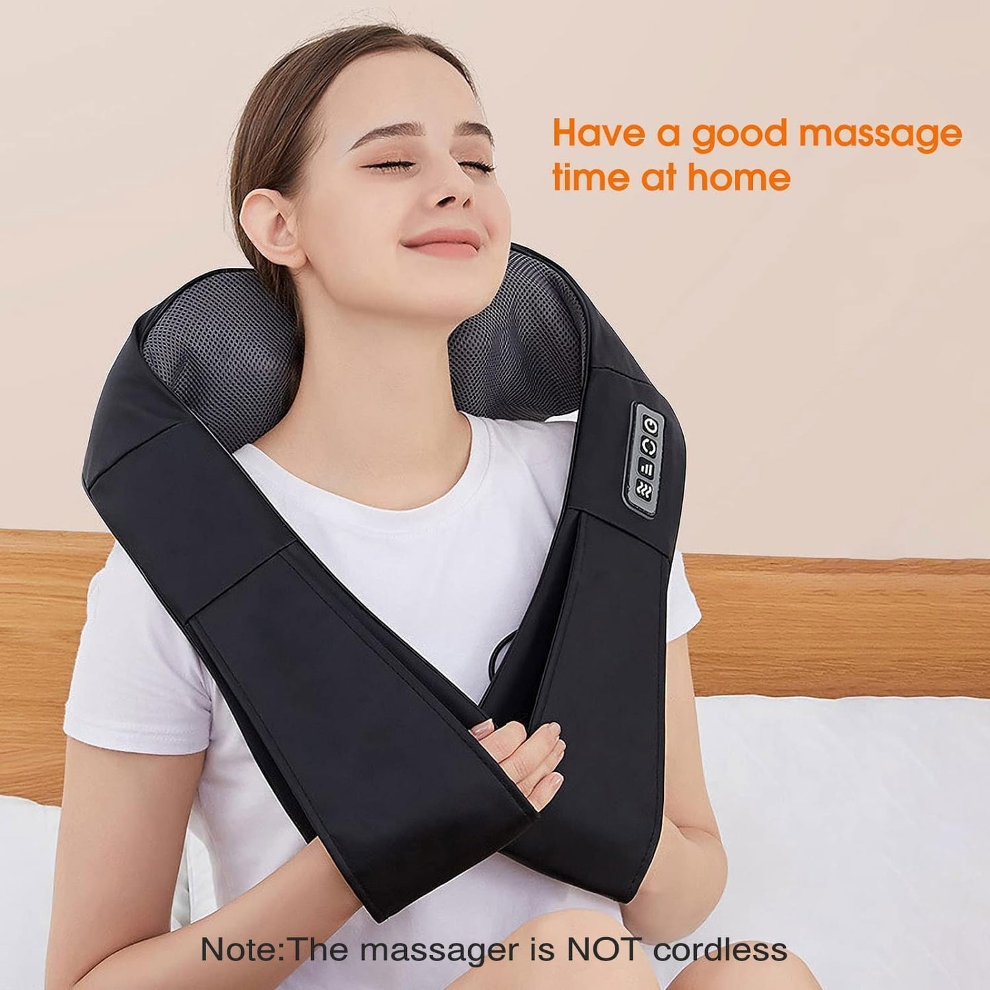 User relaxing with AERLANG Black Neck & Back Massager on shoulders