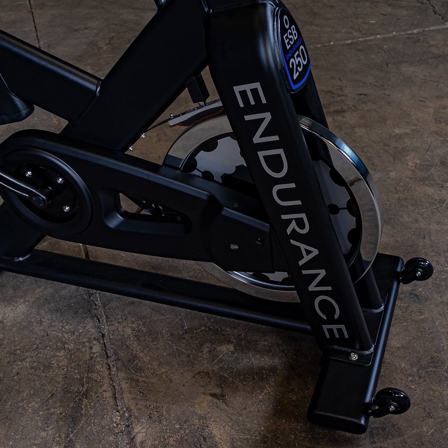 Close-up of 44 lb precision-balanced flywheel on Body-Solid Endurance ESB250 spin bike