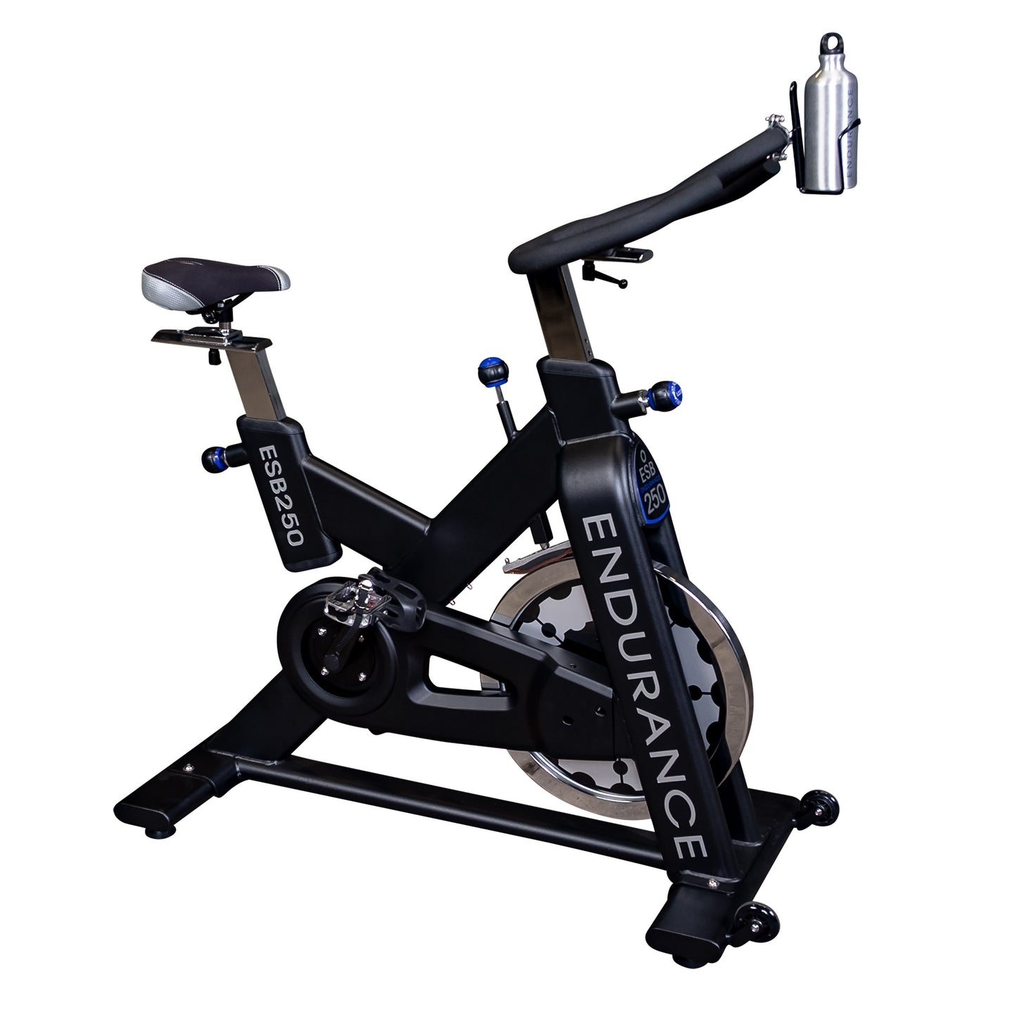 Side view of the Endurance by Body-Solid ESB250 Spin Bike showing flywheel and frame