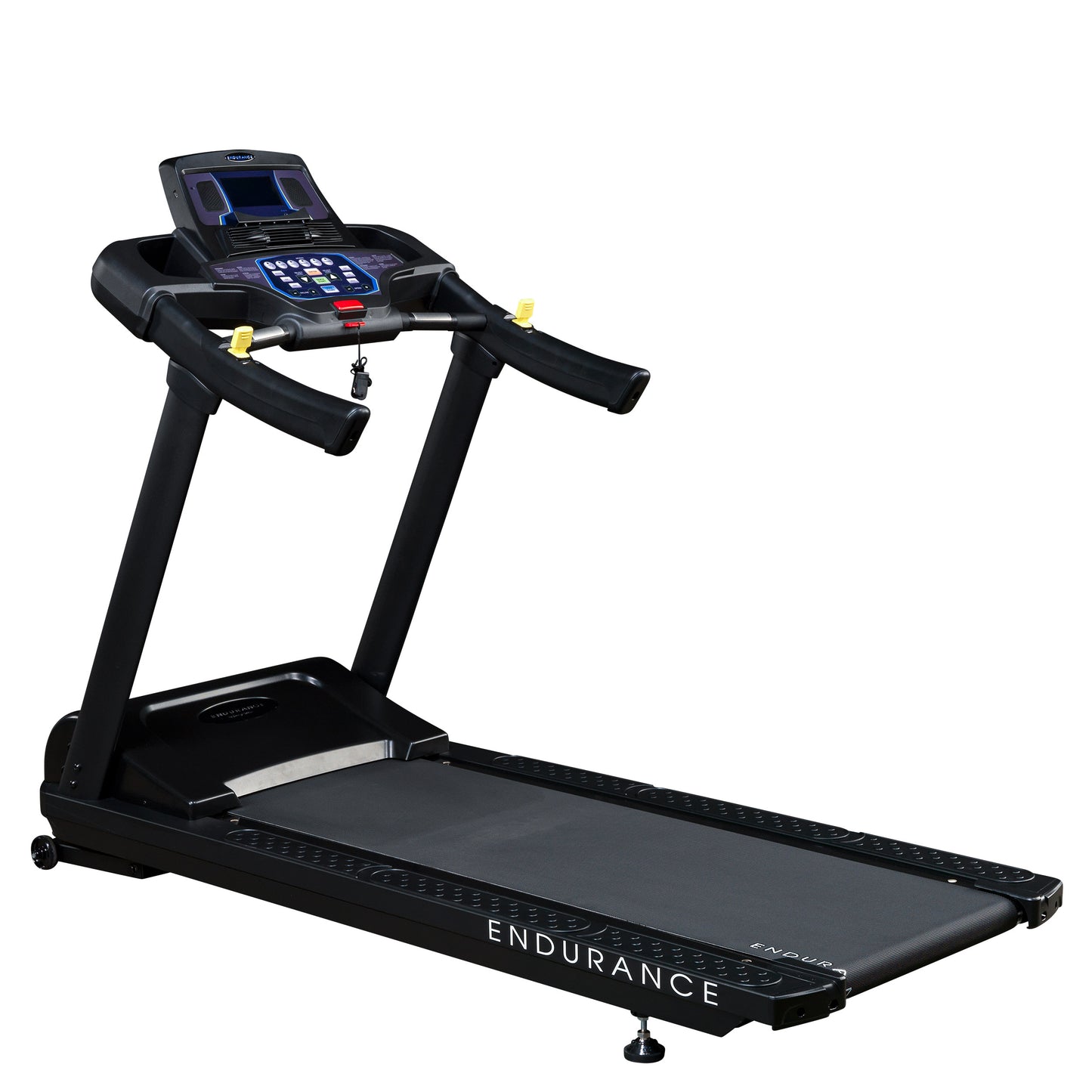 Body-Solid Endurance T150 Commercial Treadmill front view with LED console and sturdy steel frame