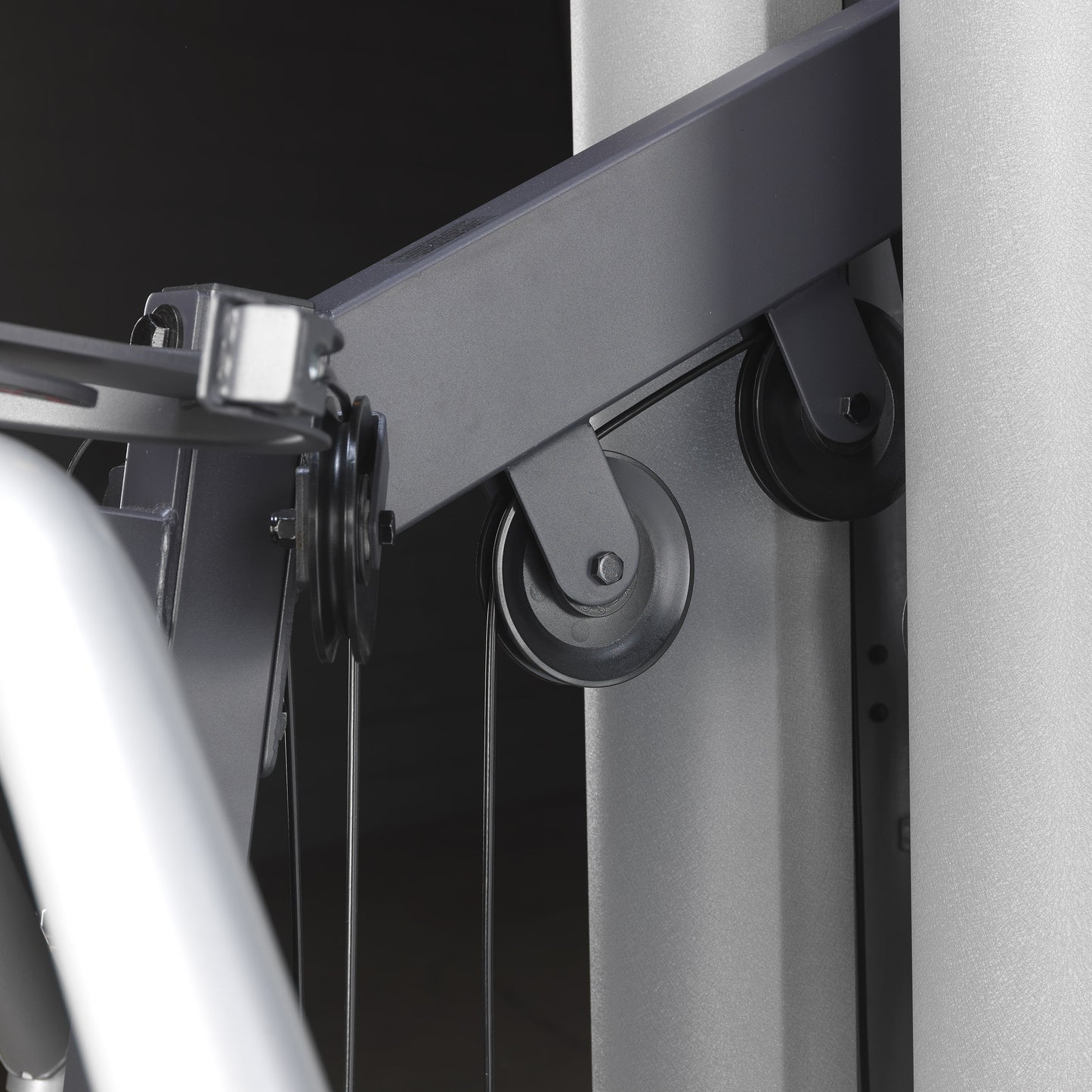 Close-up of pulley system with nylon-coated cables on the Body-Solid G9S Two Stack Gym