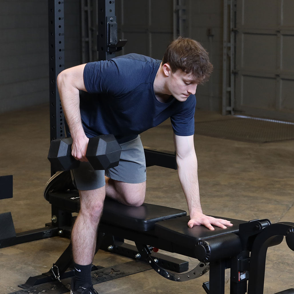 Body-Solid GLEG bench shown in flat bench position for dumbbell row