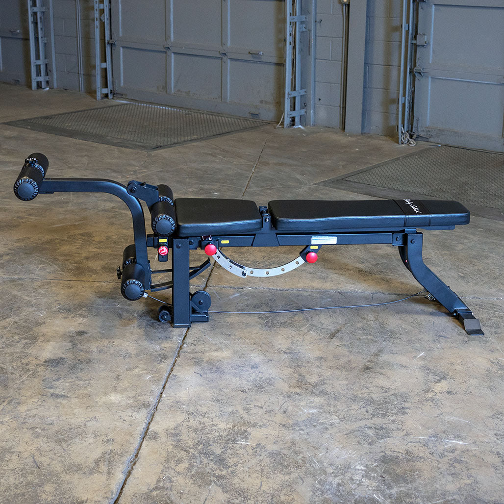 Side profile of GLEG FID bench with steel frame and padded backrest