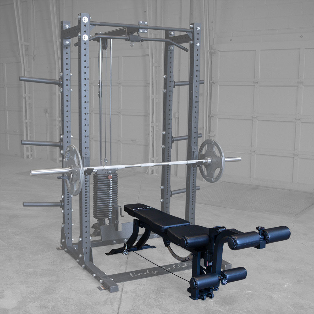 Body-Solid GLEG bench used inside a power rack for barbell bench press