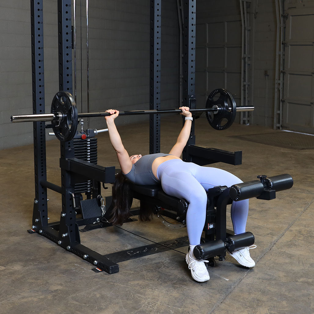 Body-Solid GLEG bench used inside a power rack for barbell bench press