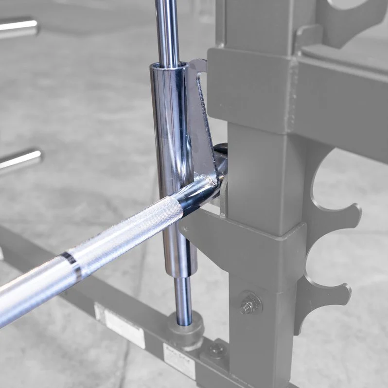 Close-up of linear ball-bearing Smith rail with lock‑out positions on the Body-Solid GS348BP4 Series 7 Smith Machine