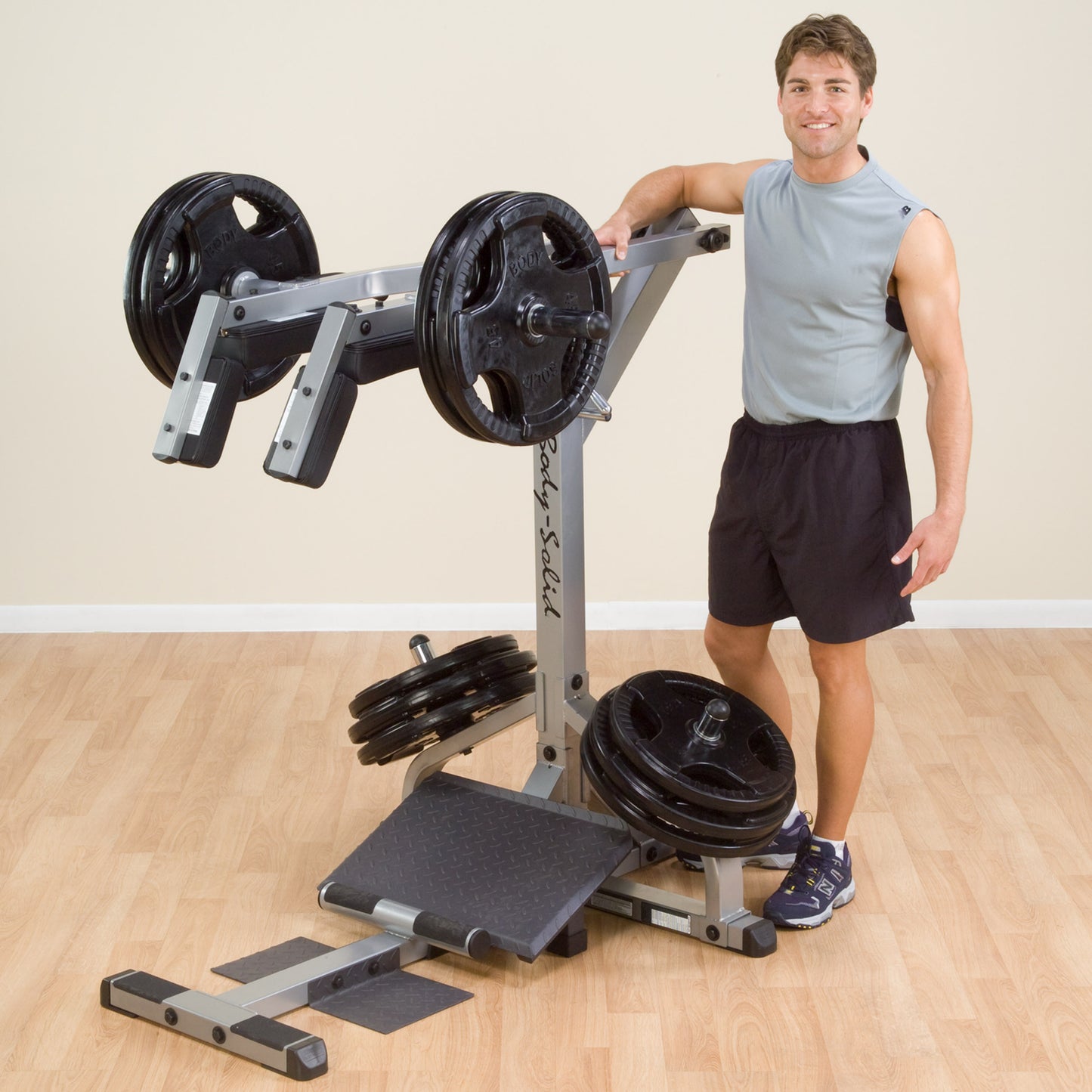 Heavy-duty Body-Solid GSCL360 Leverage Squat & Calf Machine with solid steel frame.