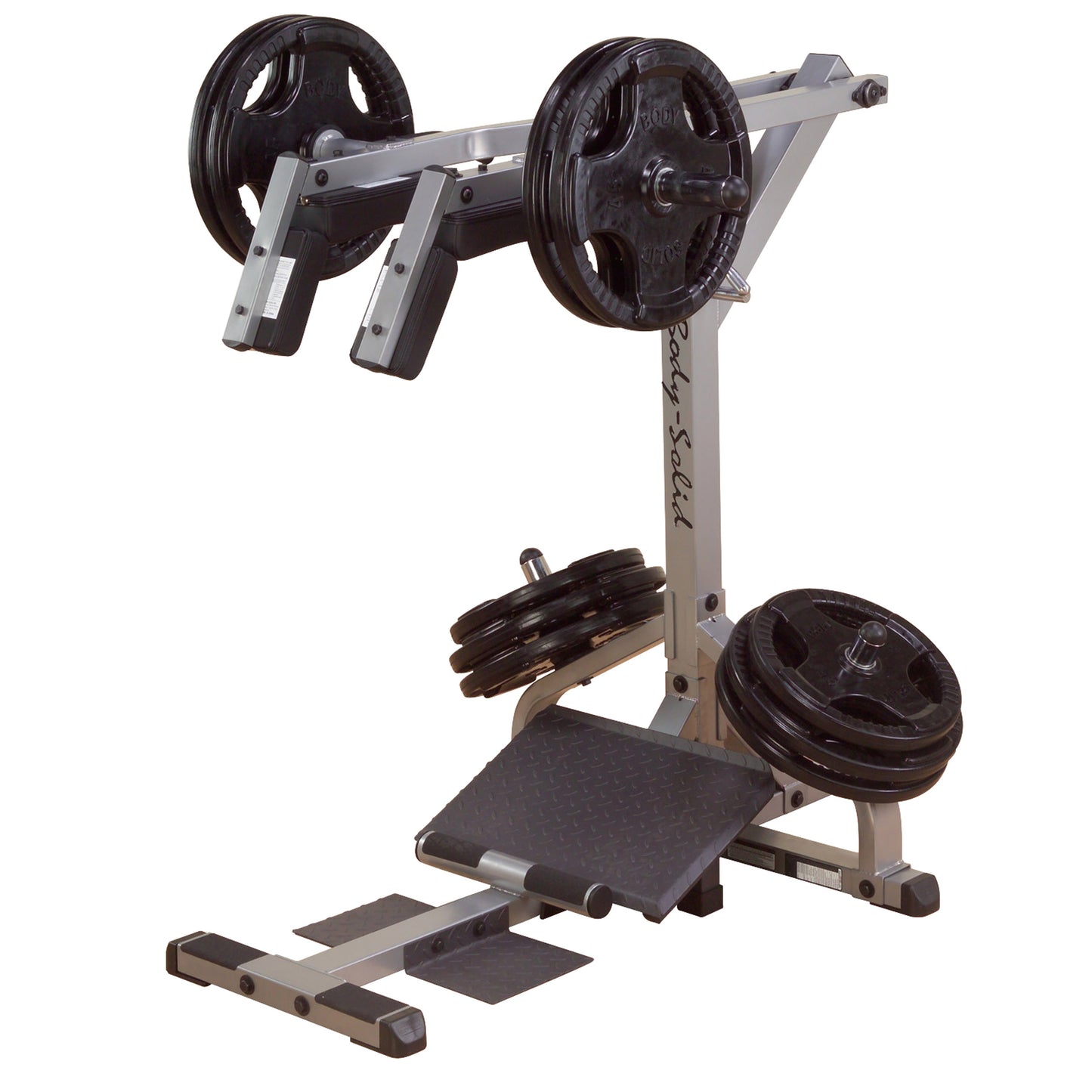 Body-Solid GSCL360 fully loaded with Olympic weight plates for intense leg training.