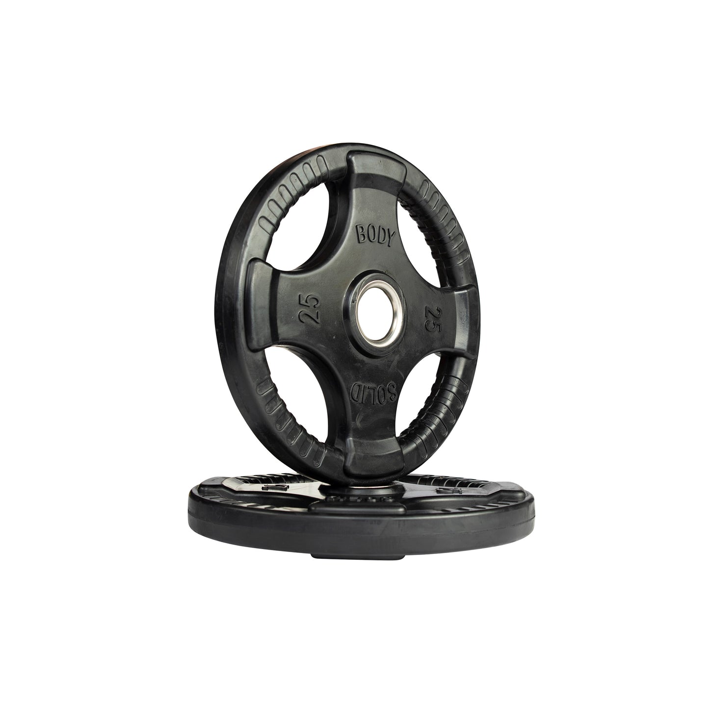 25 lb pair Body‑Solid ORT rubber grip Olympic plate side view