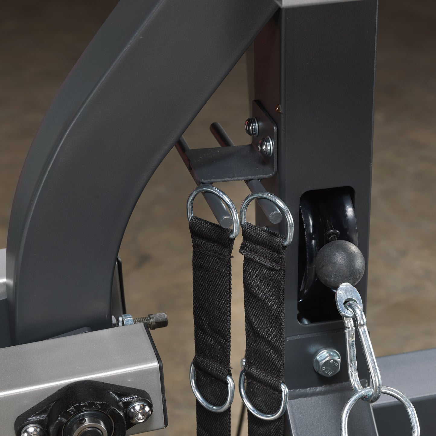 Safety locking pins on Body-Solid SBL460P4 leverage gym for secure adjustments