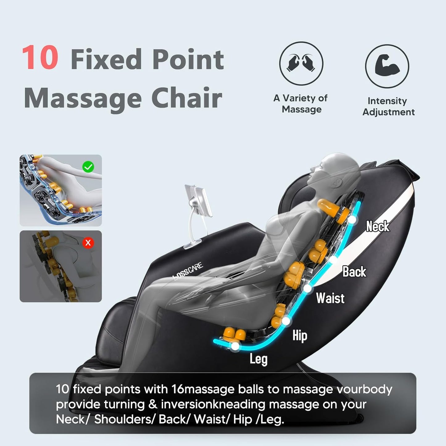 BOSSCARE Massage Chair featuring 10 fixed points with 16 massage balls.