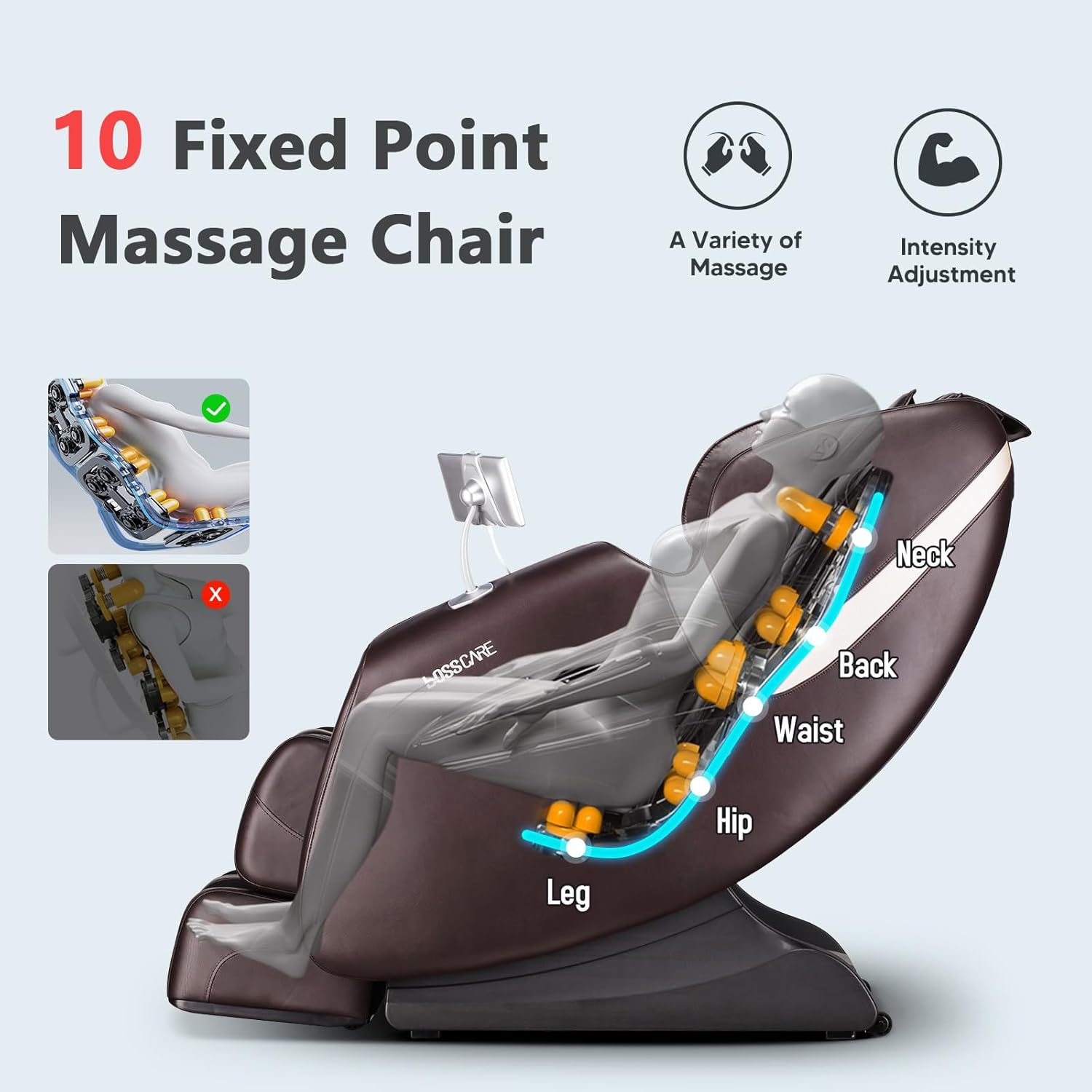 BOSSCARE Massage Chair featuring 10 fixed points with 16 massage balls.