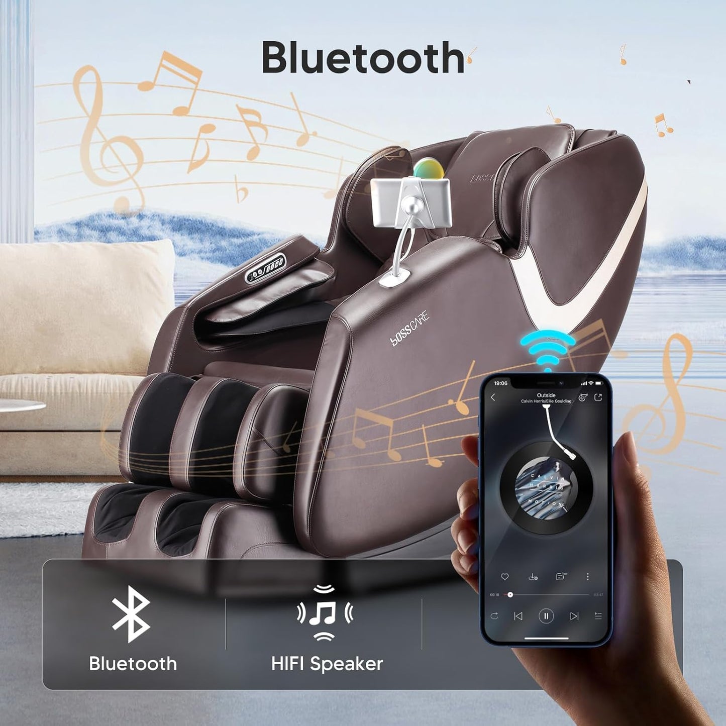 BOSSCARE Massage Chair featuring bluetooth integration.