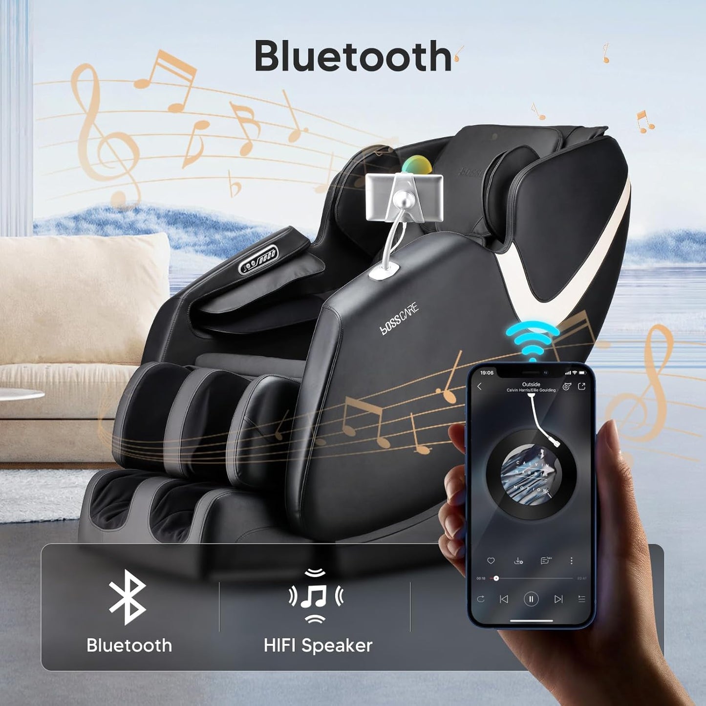 BOSSCARE Massage Chair featuring bluetooth integration.