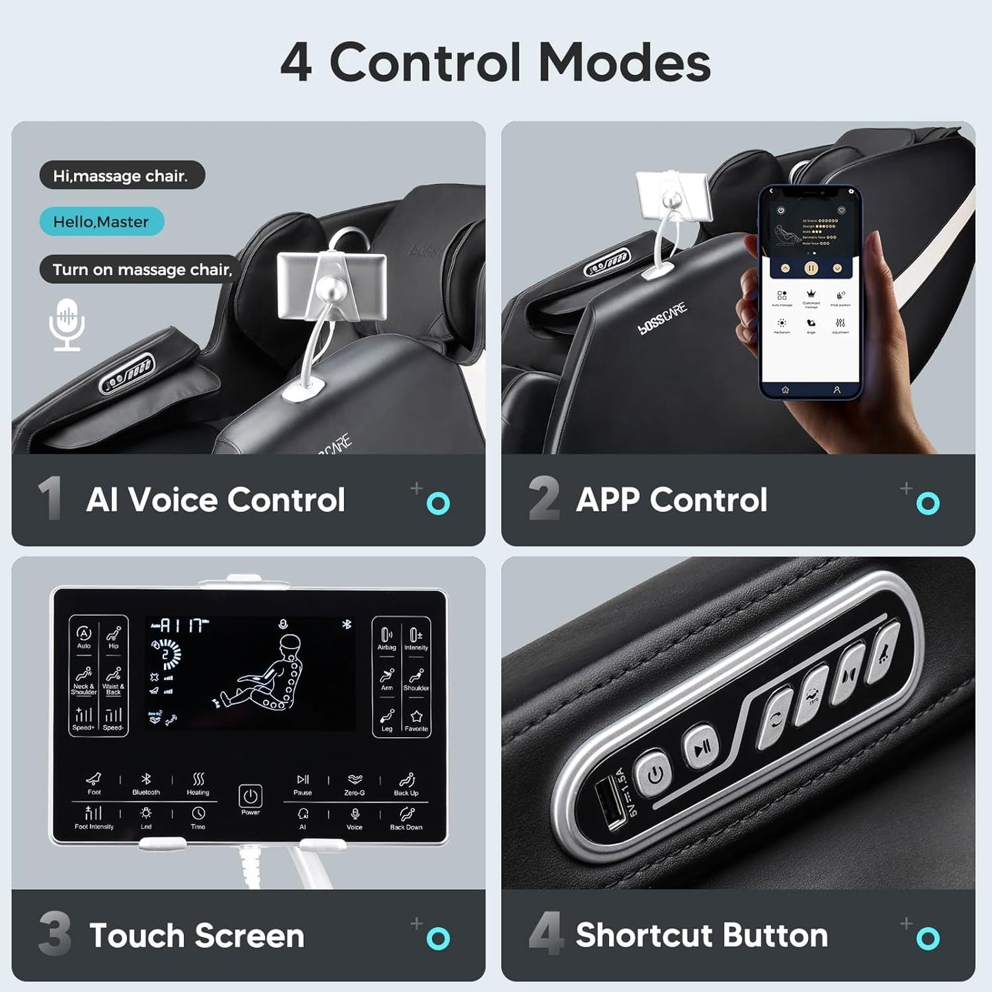BOSSCARE Massage Chair with 4 control modes.