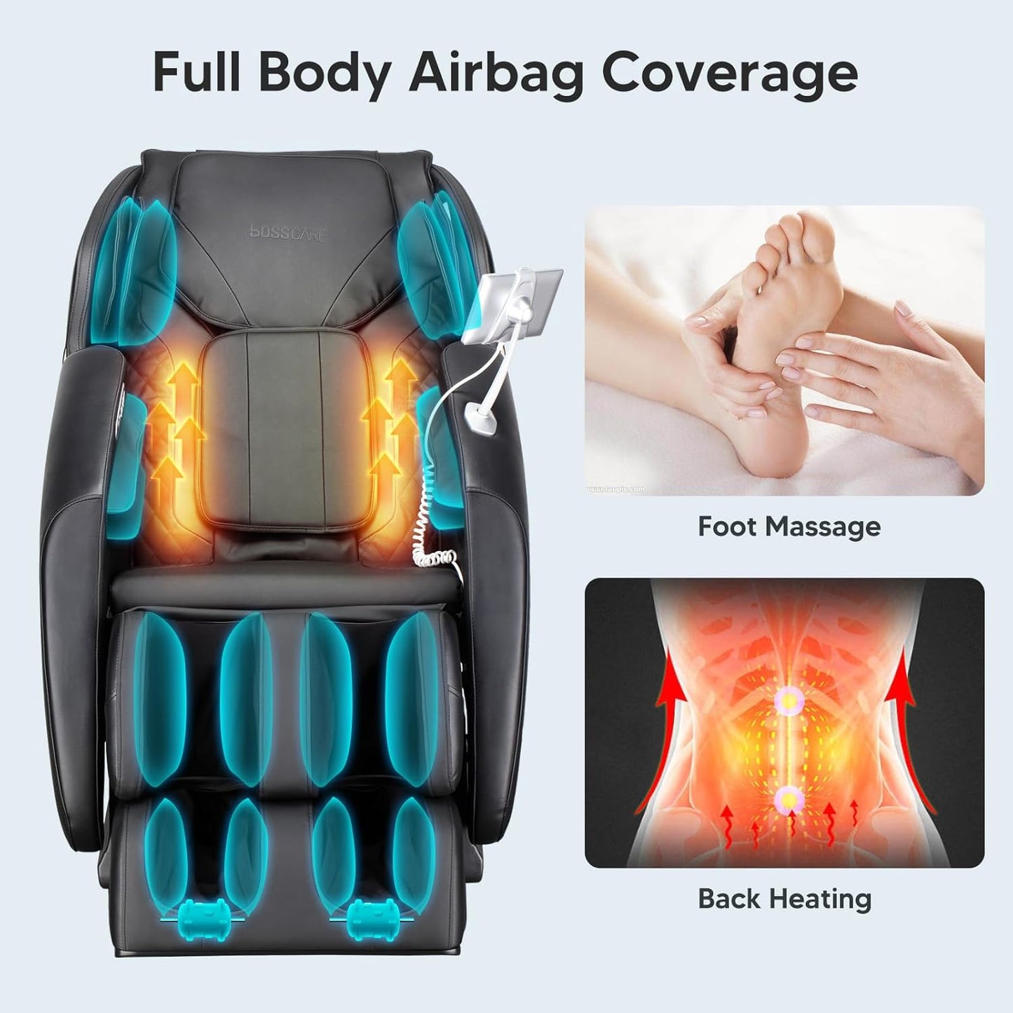 BOSSCARE Massage Chair features full body airbag coverage.