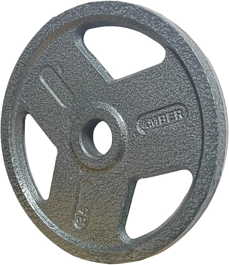 Close-up view of the cast iron finish on 2-inch Olympic weight plates for gym-quality training.
