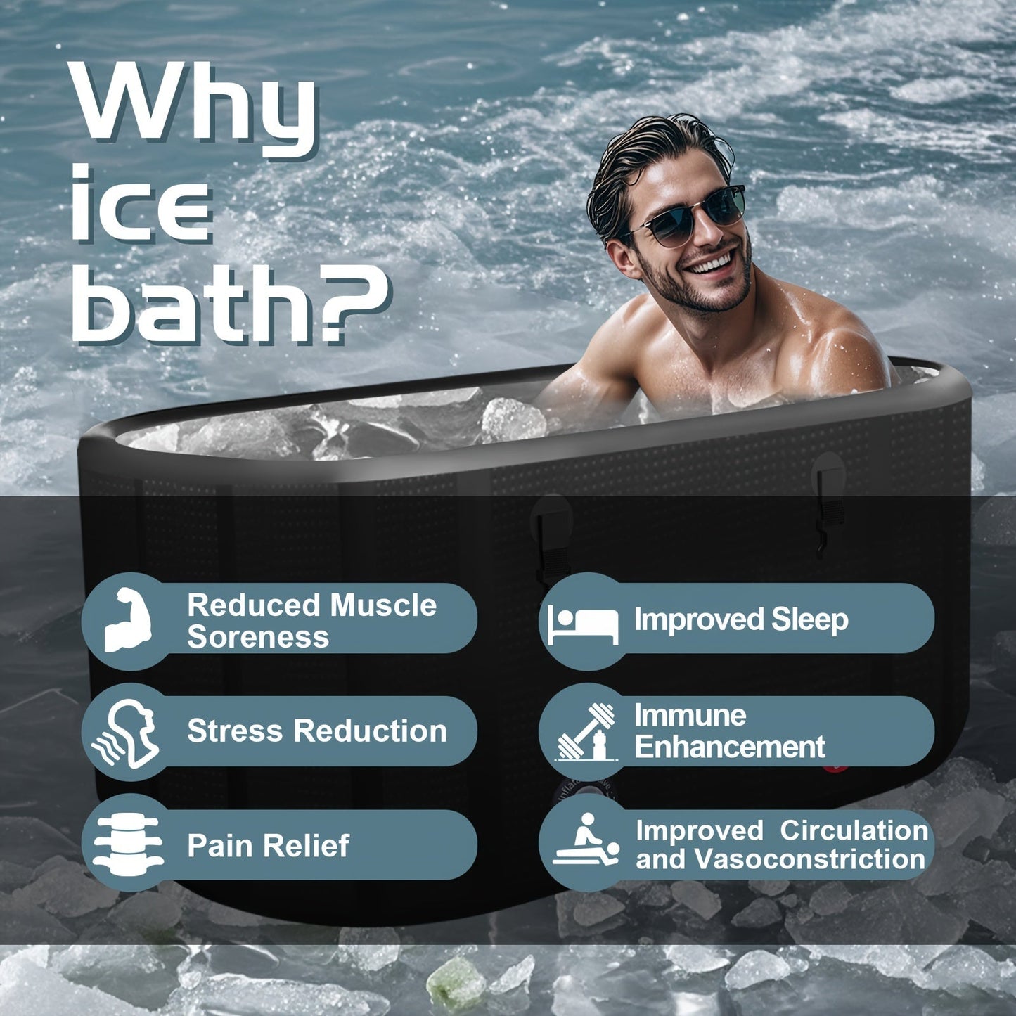 Chic Oval Inflatable Bathtub with sleek design helps reduce muscle soreness, pain, stress, improve sleep, and enhance your immune system