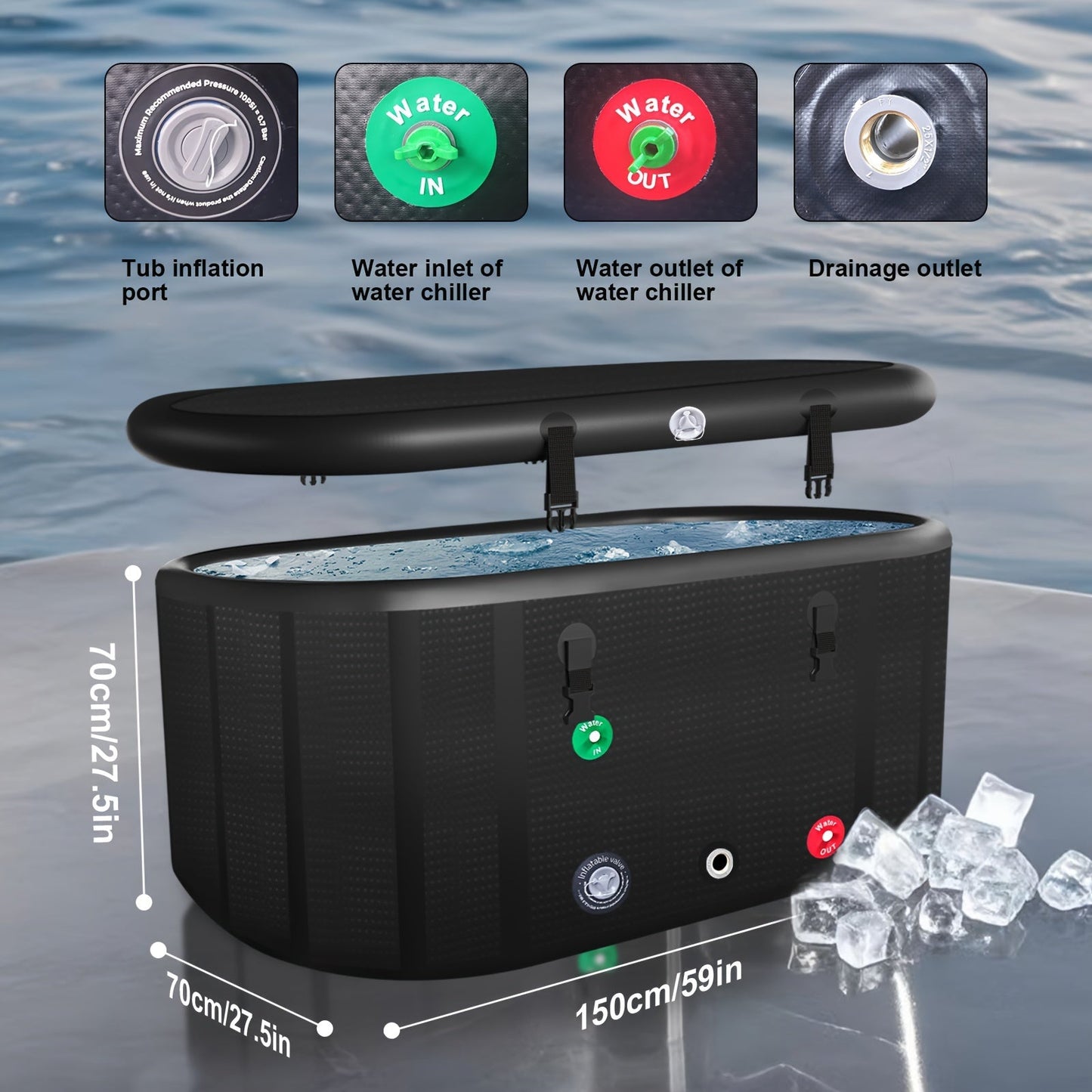 Dimensions and design details of the Chic Oval Inflatable Bathtub