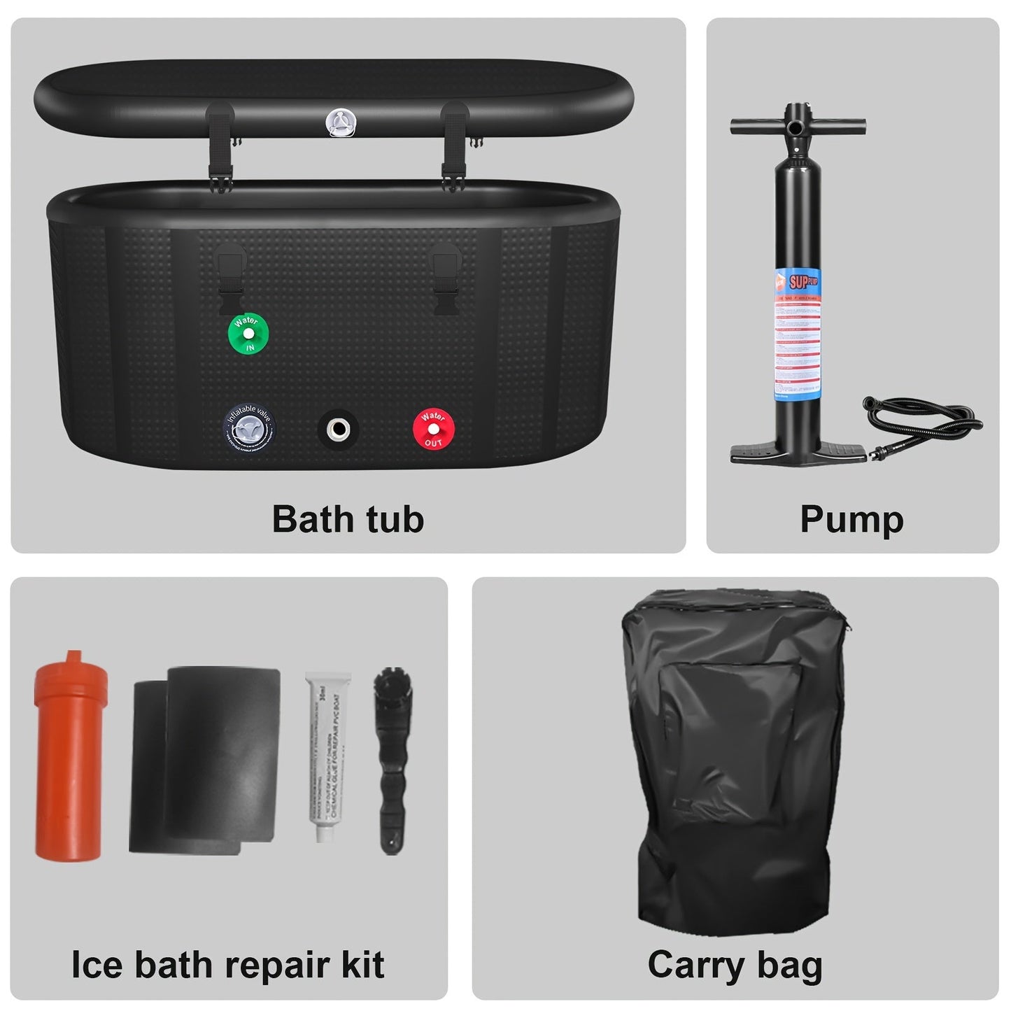 Included with the Chic Oval Inflatable Bathtub are a pump, repair kit, and carry bag