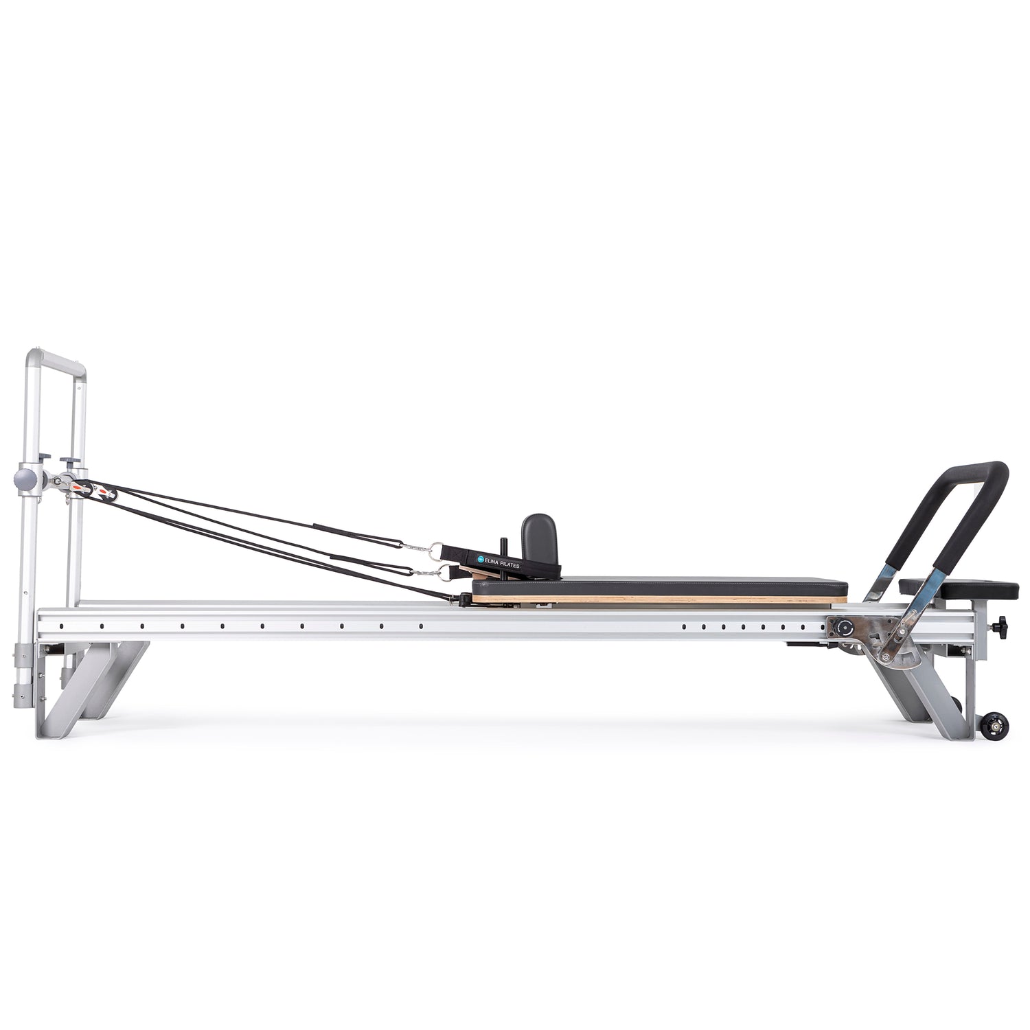 Side view of the Elina Pilates Aluminum Reformer Mentor in black upholstery with accessories attached