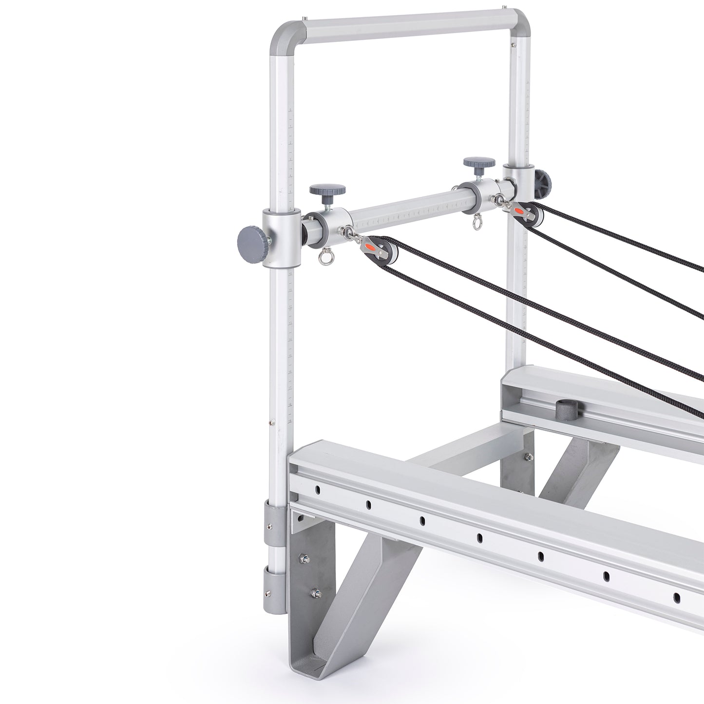 Detail of the silent carriage glide system with polyurethane wheels on the Mentor Reformer