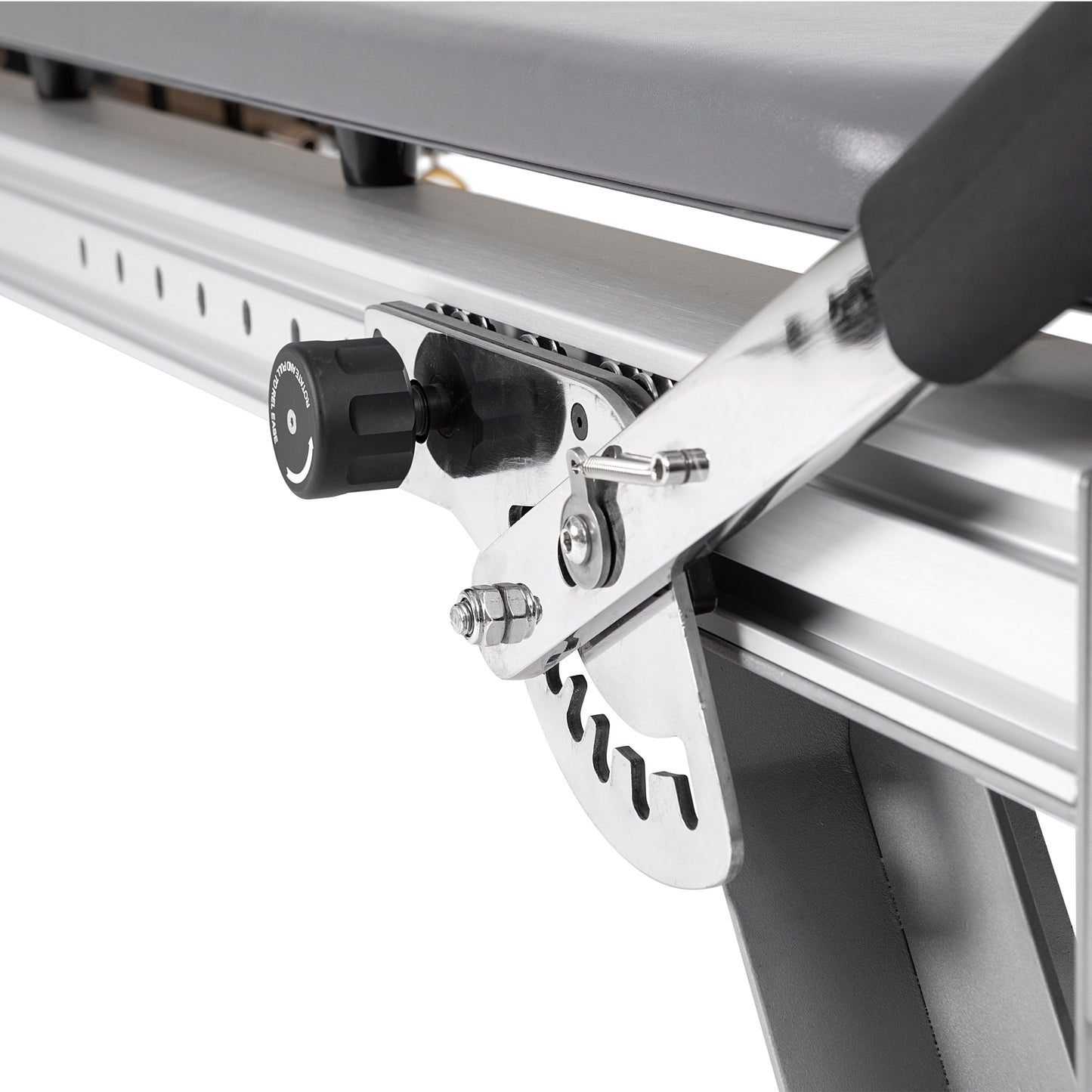 Close-up of the quick-release adjustable footbar on the Elina Pilates Mentor Reformer
