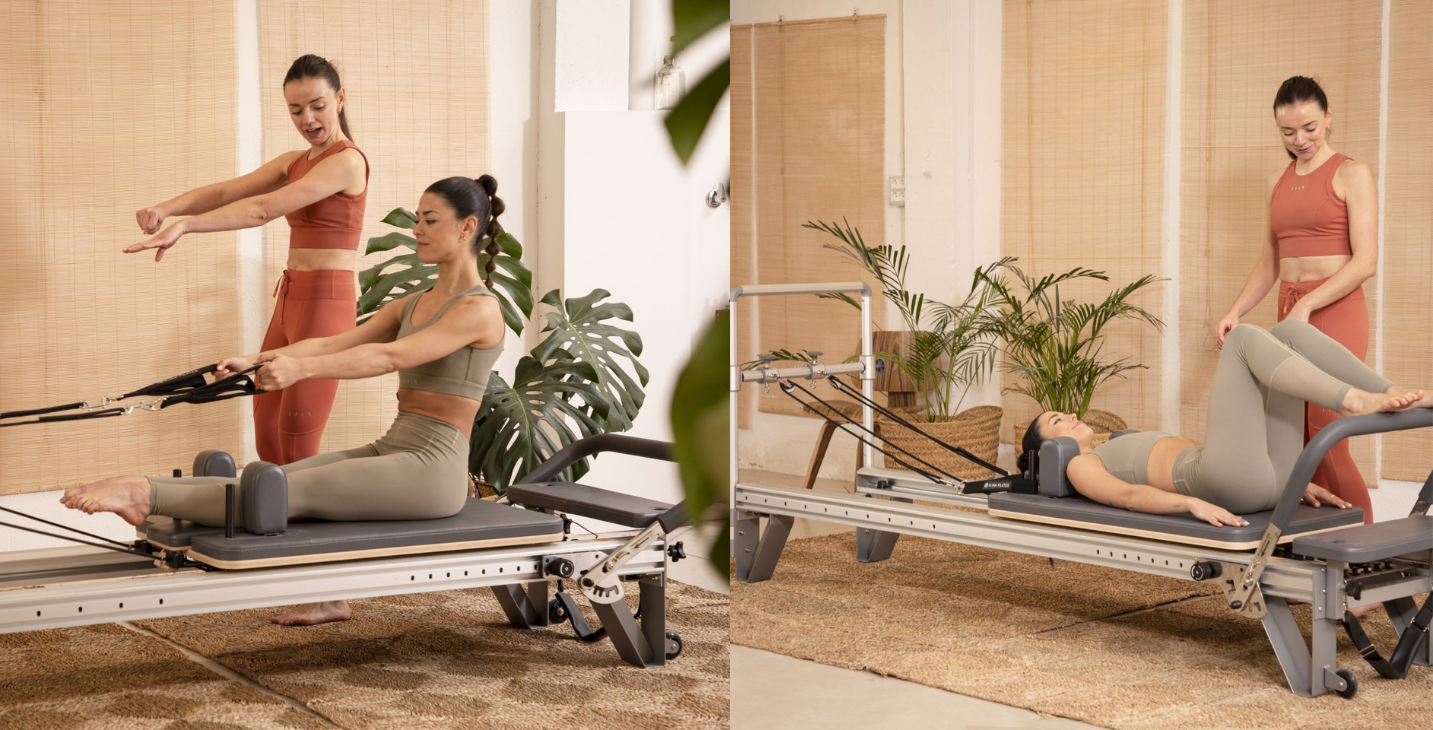 Pilates instructor demonstrating reformer exercises on the Elina Pilates Aluminum Reformer Mentor in black upholstery