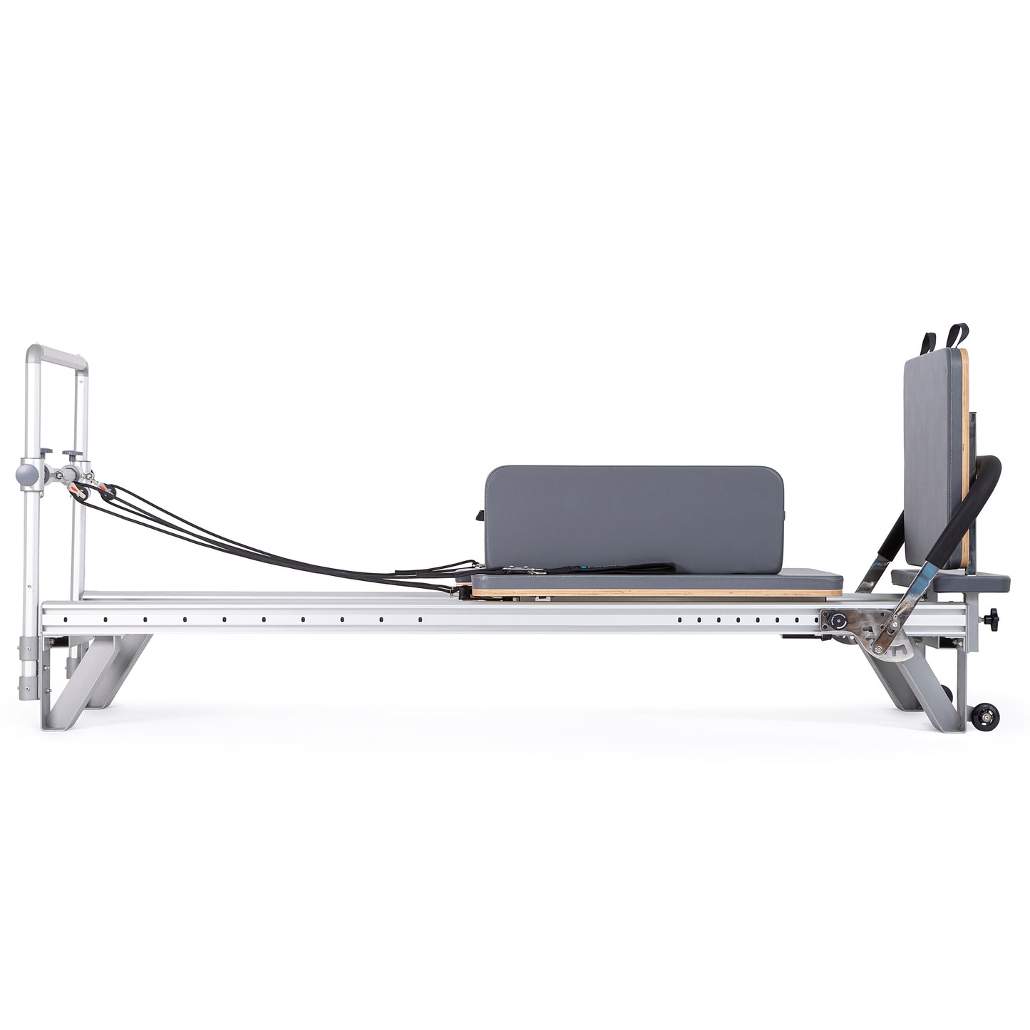 Extra-wide padded box accessory on the Elina Pilates Mentor Reformer designed for core and flexibility training