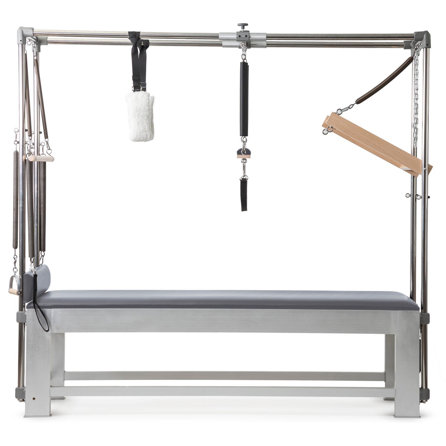 Full set of included accessories—springs, trapeze bar, push bar, arm bar, fuzzy handles, and Kuna board.