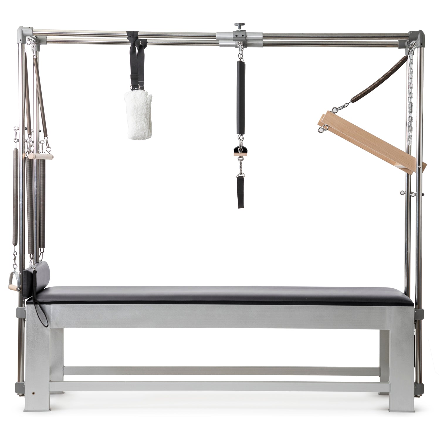 Full set of included accessories—springs, trapeze bar, push bar, arm bar, fuzzy handles, and Kuna board.