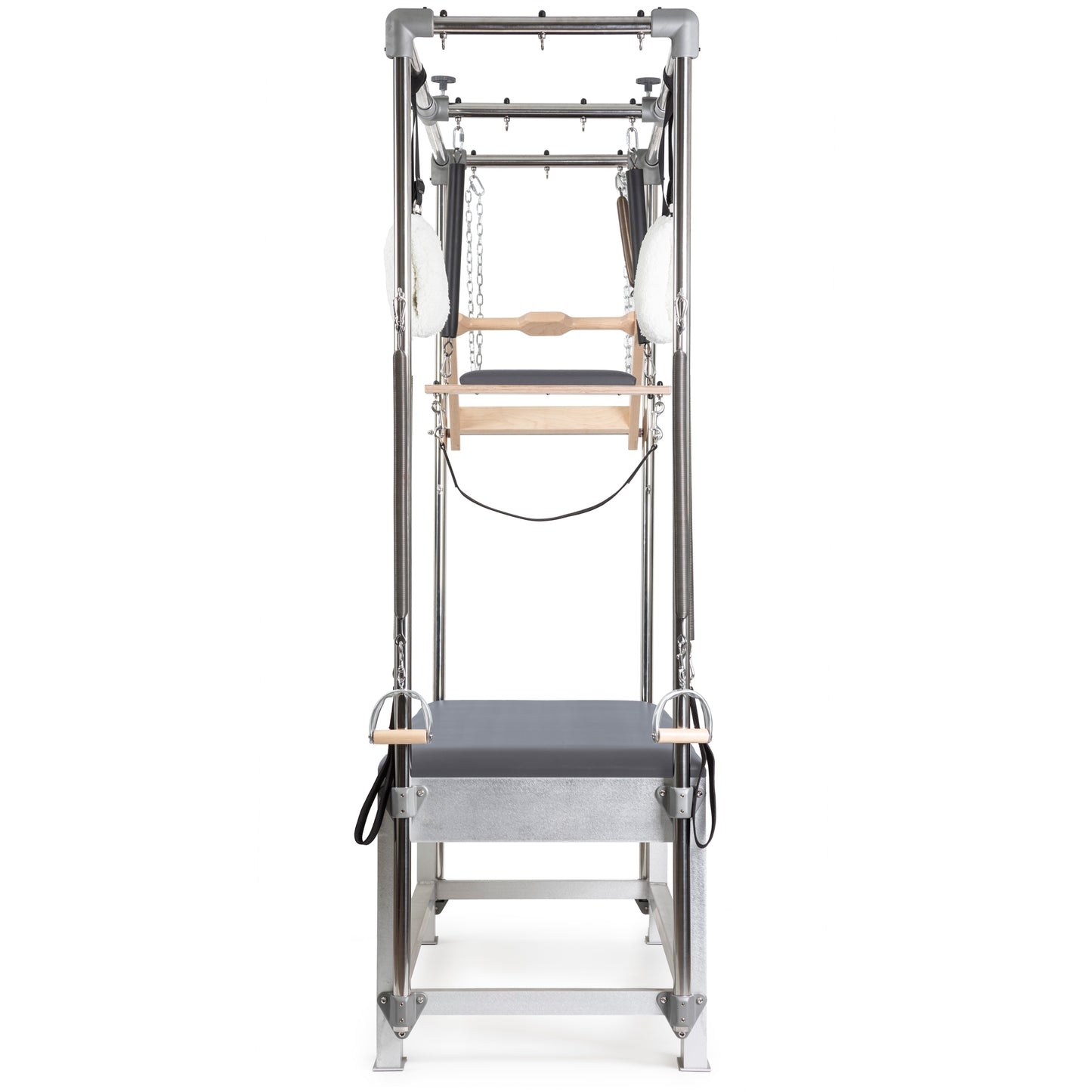 Elina Pilates Classic Aluminum Cadillac trapeze in grey leather upholstery, front view with trapeze tower.