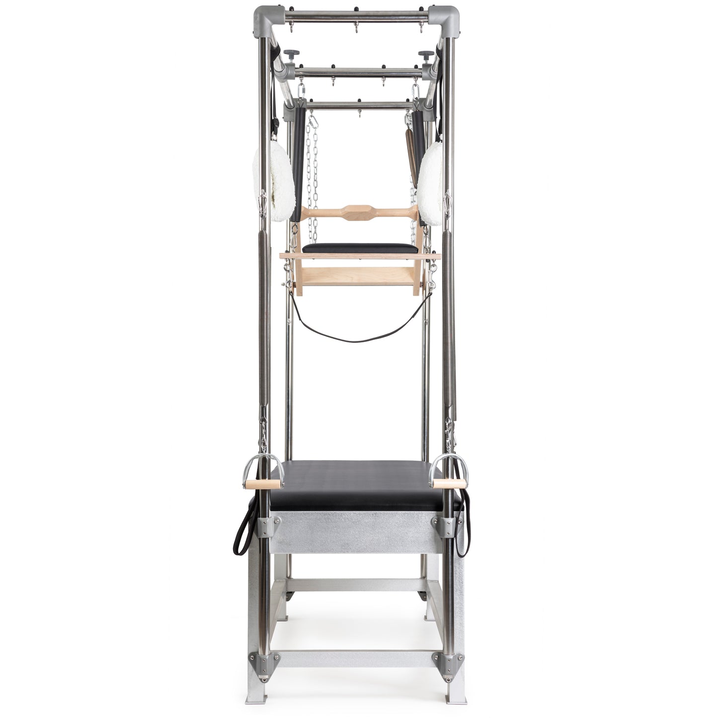 Elina Pilates Classic Aluminum Cadillac trapeze in black leather upholstery, front view with trapeze tower.