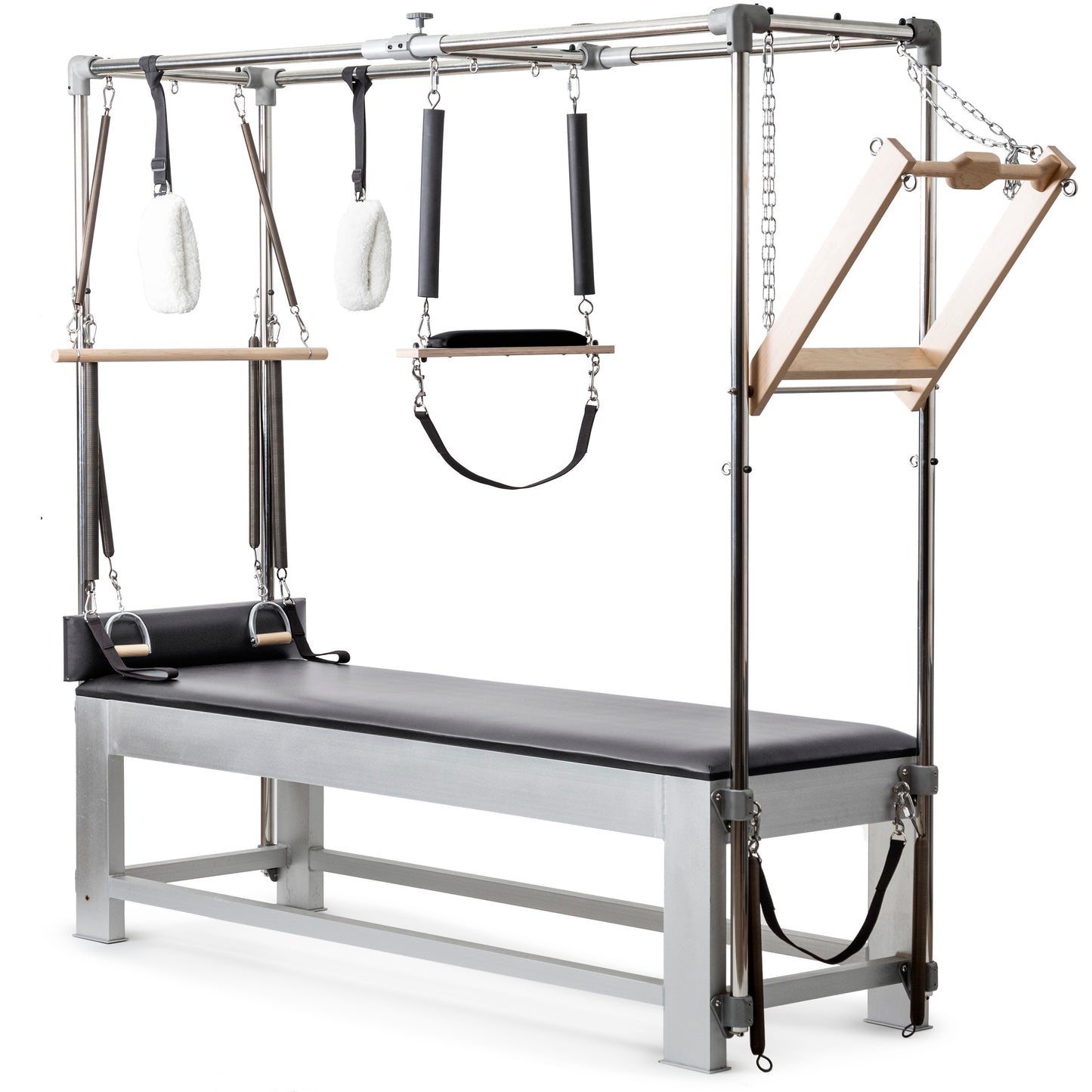 Elina Pilates Classic Aluminum Cadillac trapeze in black leather upholstery, full view with trapeze tower.