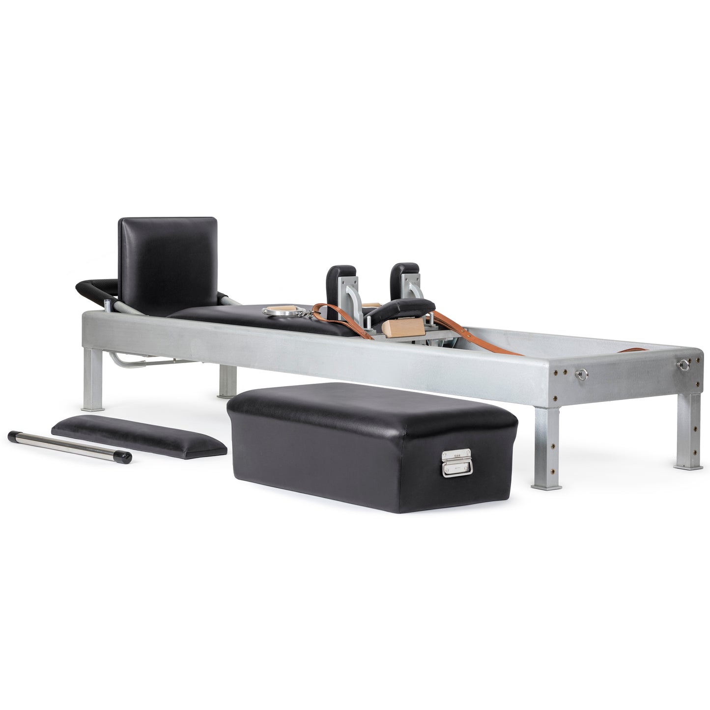 Included accessories for the Classic Aluminum Reformer—box, jumpboard, straps, handles, and springs.