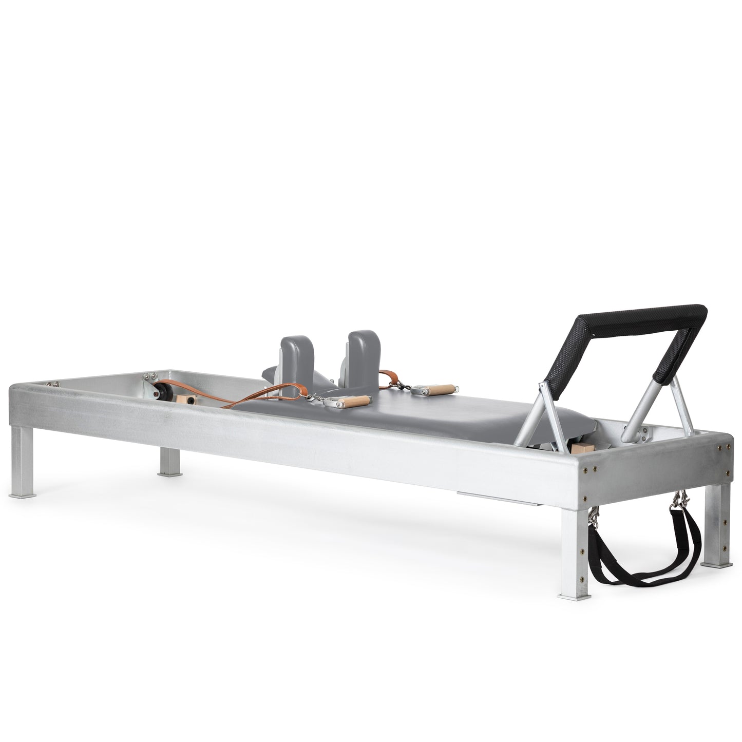 Full view of the Elina Pilates Classic Aluminum Reformer 86″ with leather upholstery and aluminum frame.