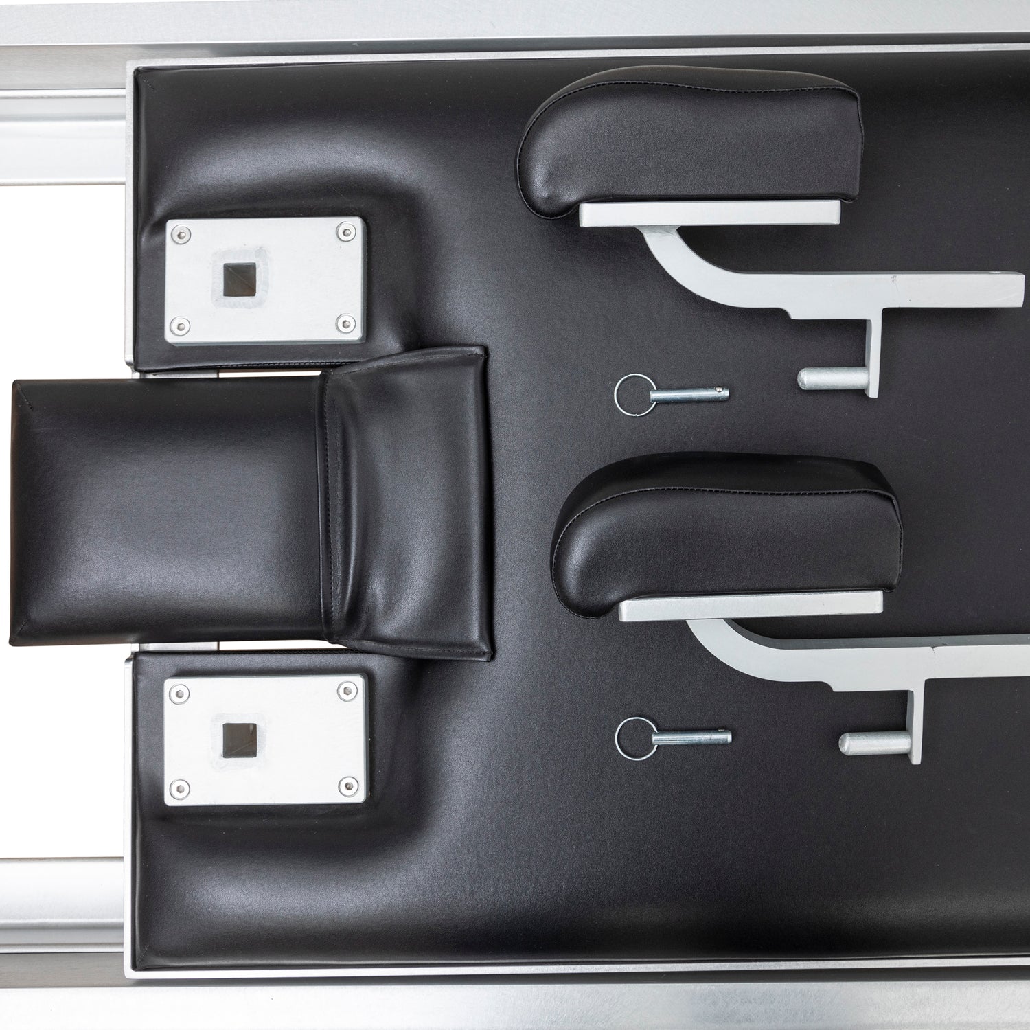 Detailed view of the adjustable shoulder pads and head rest on the Elina Pilates Classic Aluminum Reformer
