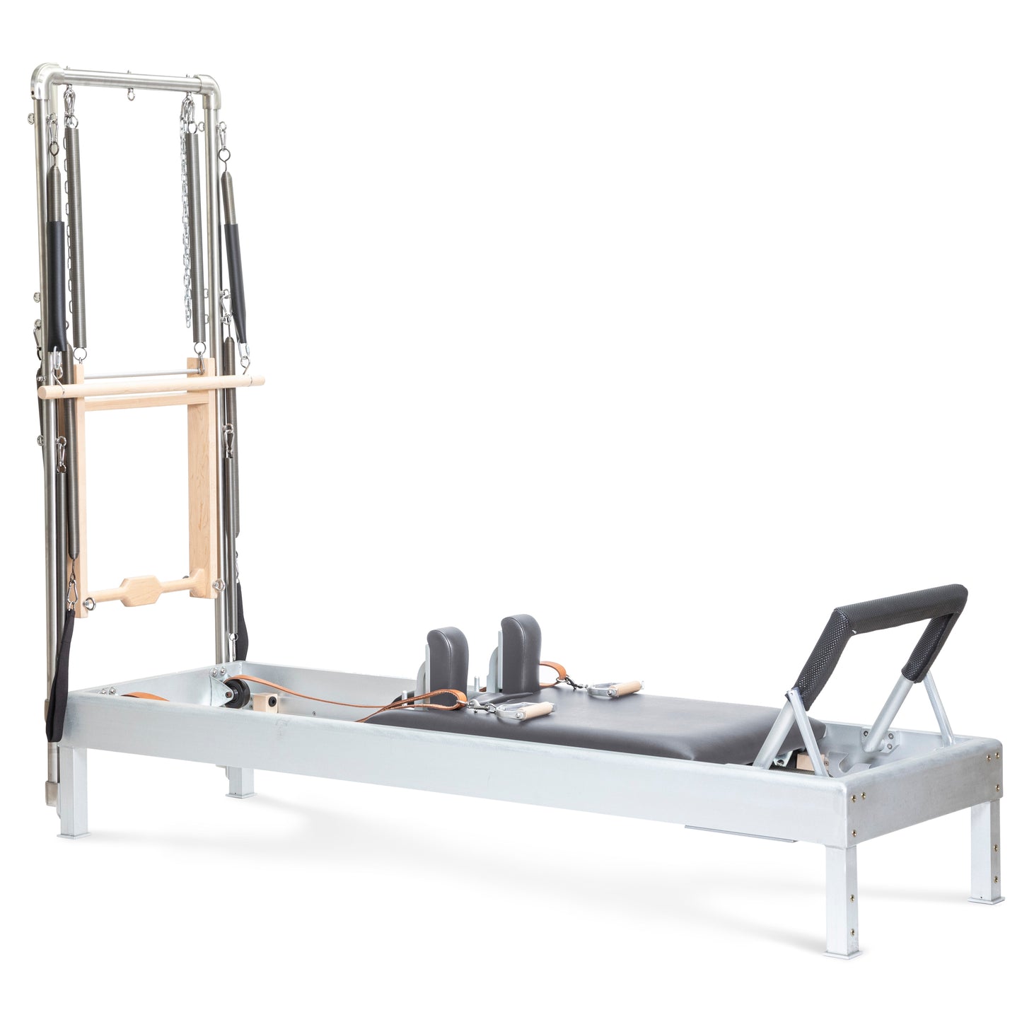 Elina Pilates Classic Aluminum Reformer 86″ with integrated tower, polished aluminum and grey upholstery, front view.