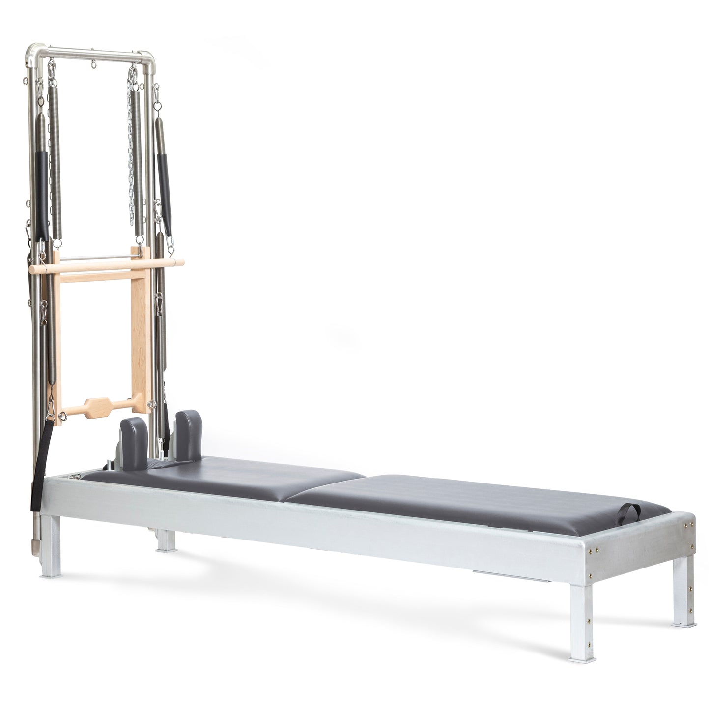 Elina Pilates Classic Aluminum Reformer 86″ with integrated tower, polished aluminum and grey upholstery, front view.