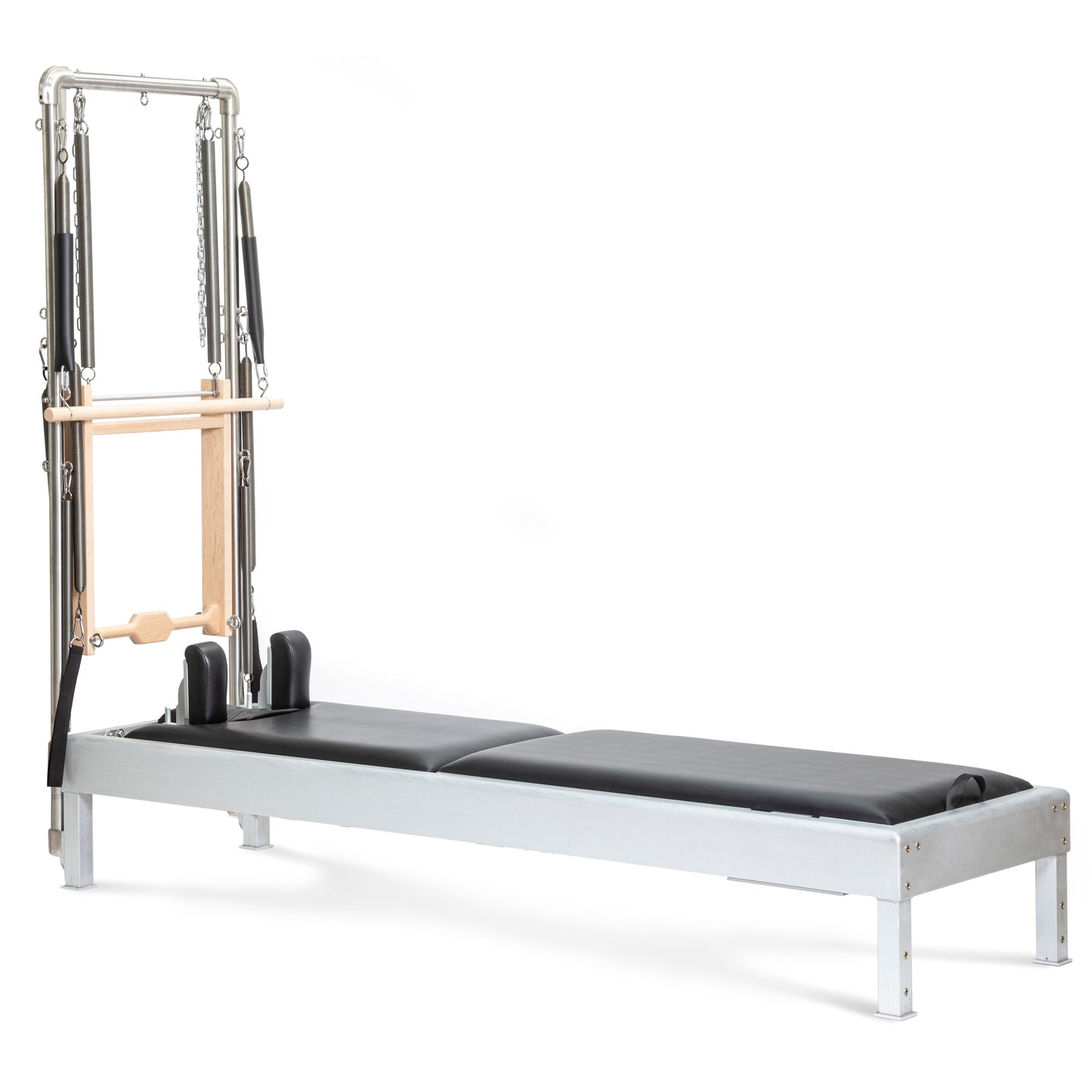 Elina Pilates Classic Aluminum Reformer 86″ with integrated tower, polished aluminum and black upholstery, front view.