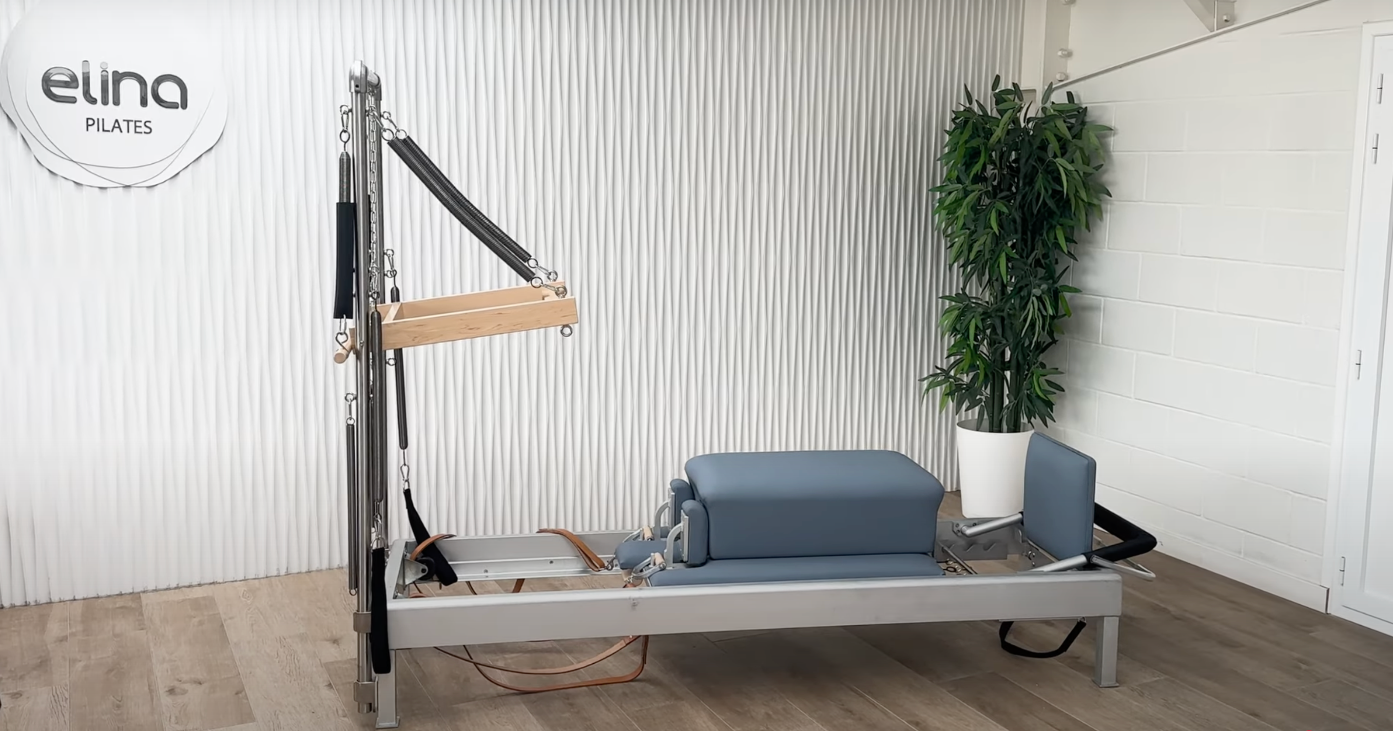 Elina Pilates Classic Aluminum Reformer 86″ with integrated tower, polished aluminum full view.
