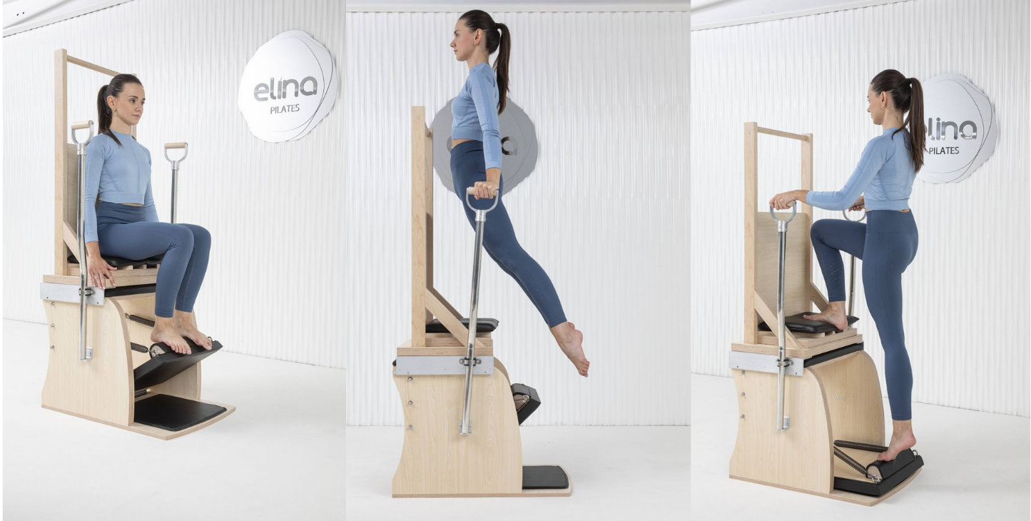 User performing Pilates exercises on the Elina Combo Chair with Backrest — demonstrating stability and comfort.