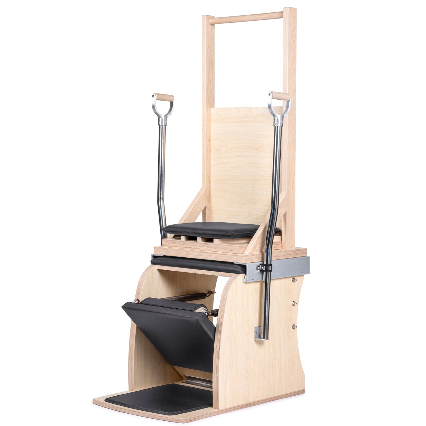 Elina Pilates Combination Wunda/Electric Chair with Backrest in Black — full front view showcasing maple frame, padded seat, and side handles.