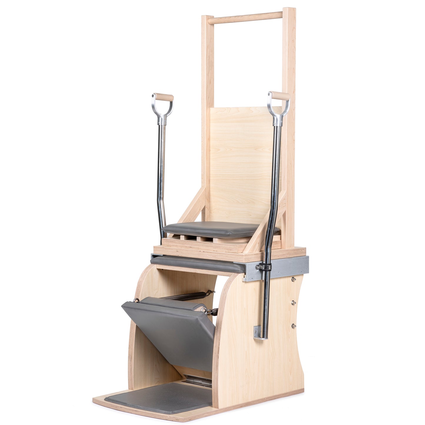 Elina Pilates Combination Wunda/Electric Chair with Backrest in Grey — full front view showcasing maple frame, padded seat, and side handles.