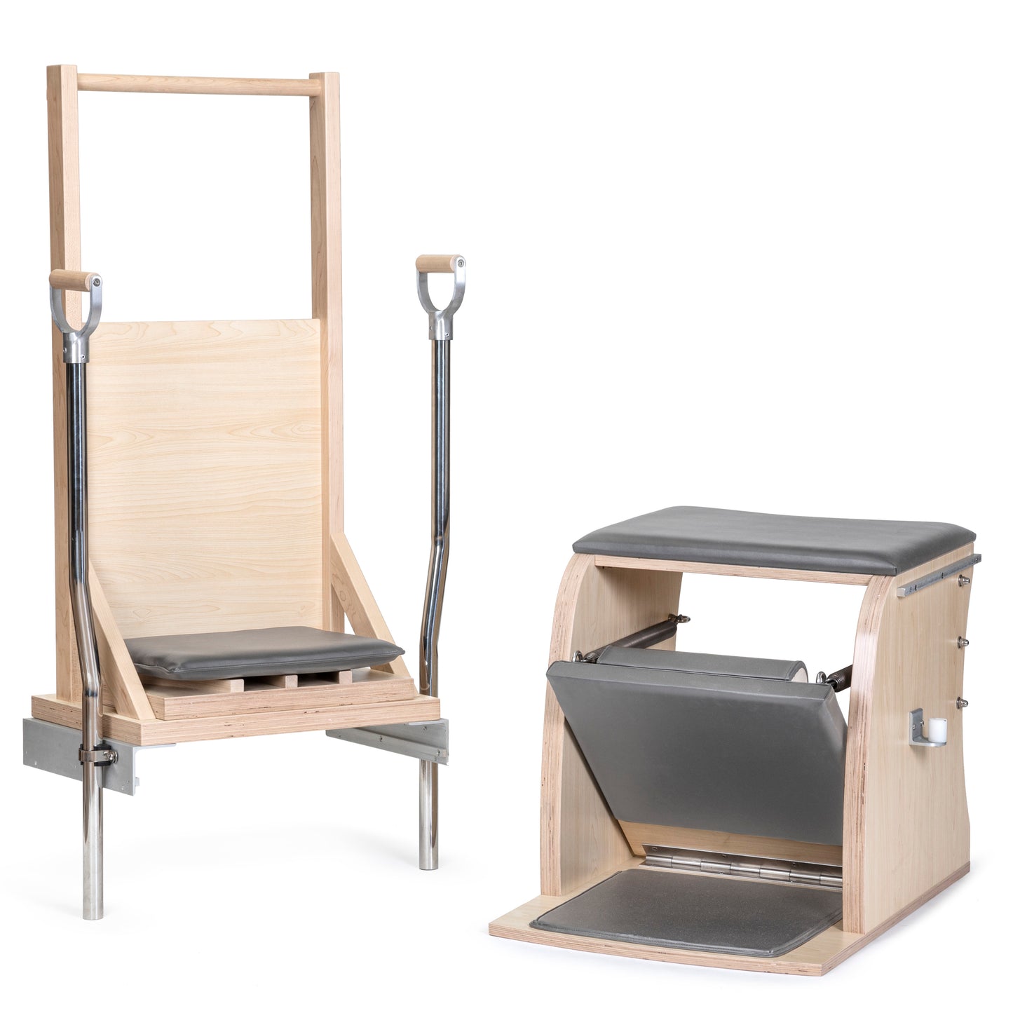 Elina Pilates Combination Wunda/Electric Chair with Backrest in Grey — full front view showcasing maple frame, padded seat, and side handles.