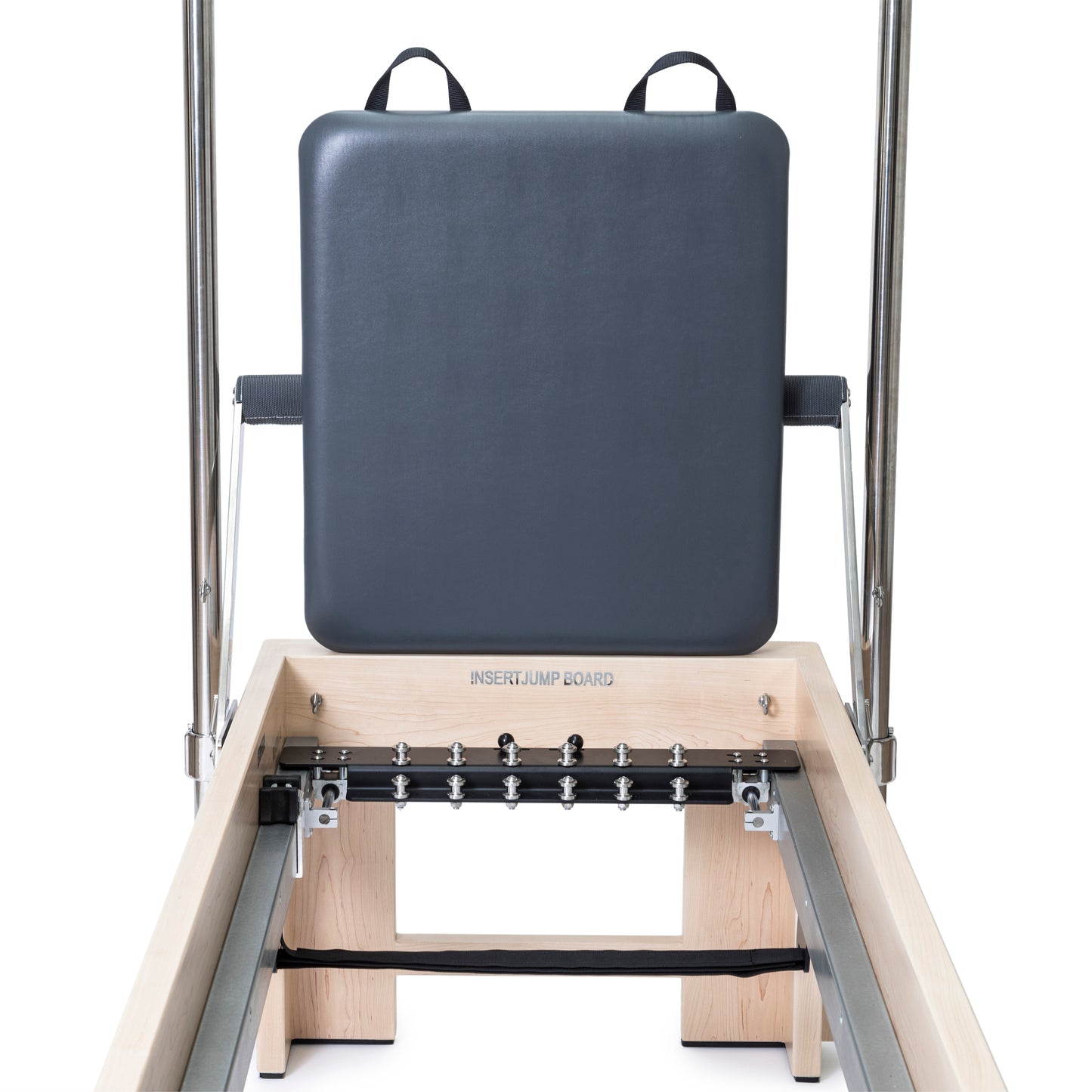 Multiplacement footbar and padded jump board details on Elina Pilates Elite Cadillac Reformer