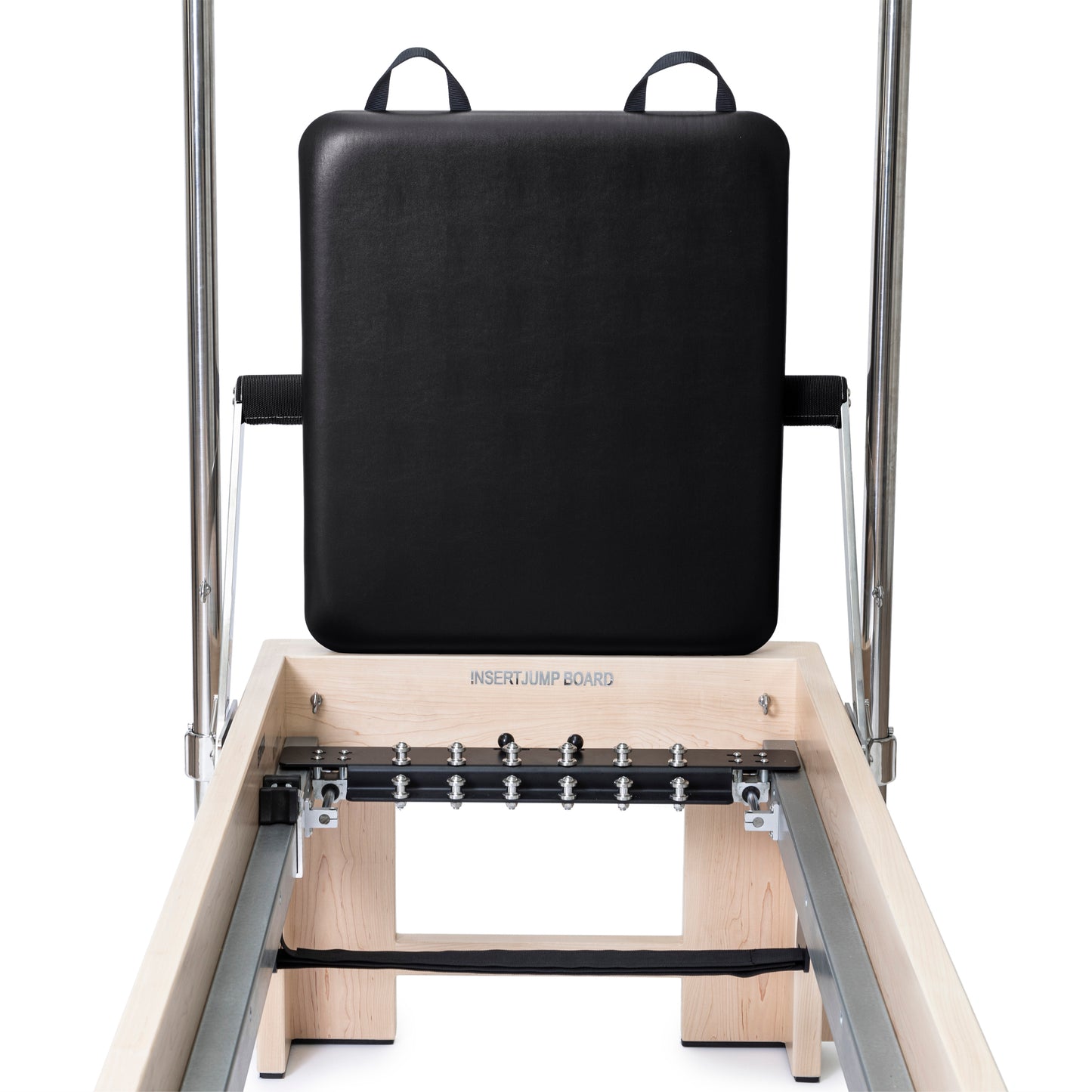 Multiplacement footbar and padded jump board details on Elina Pilates Elite Cadillac Reformer
