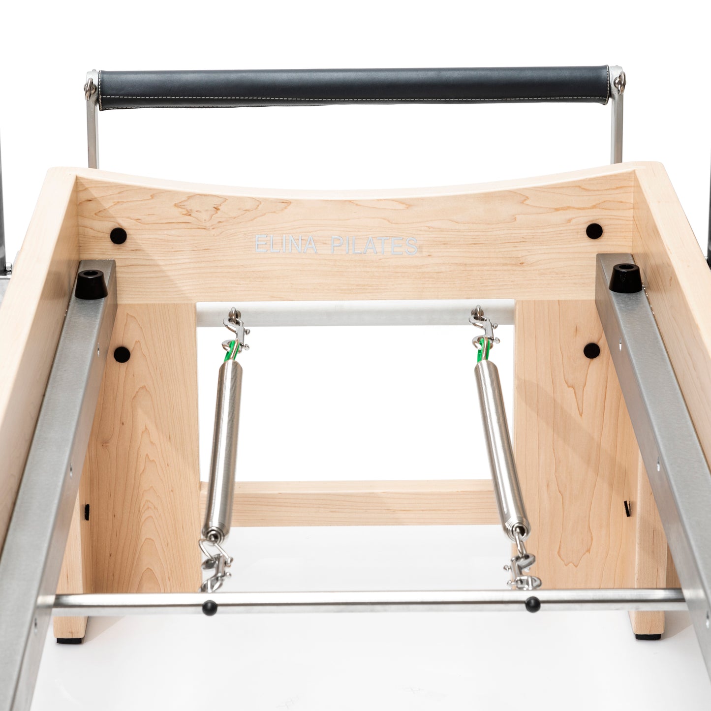 Close-up of the smooth eight-wheel carriage system and two-piece rail on the Elite Cadillac Reformer