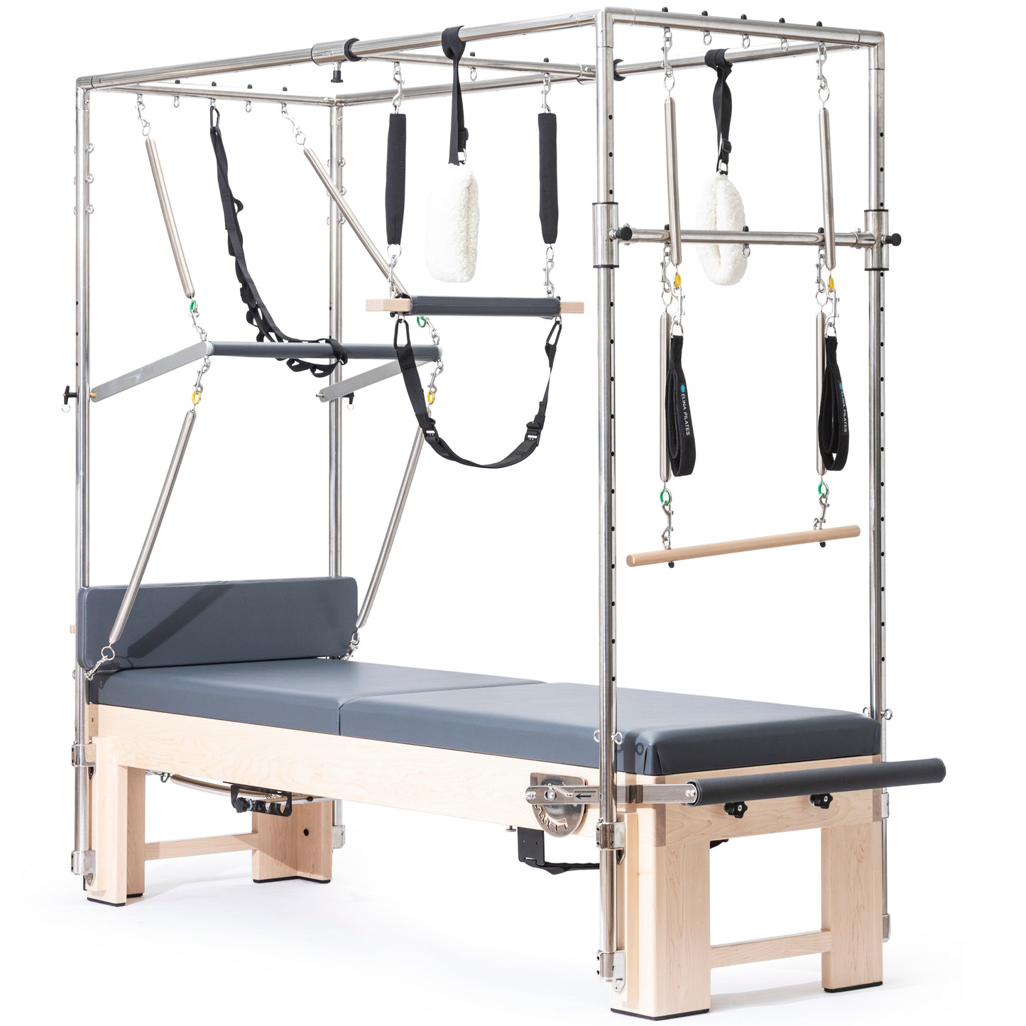 Stainless steel trapeze tower with padded trapeze bar and pulleys on the Elina Pilates Cadillac Reformer